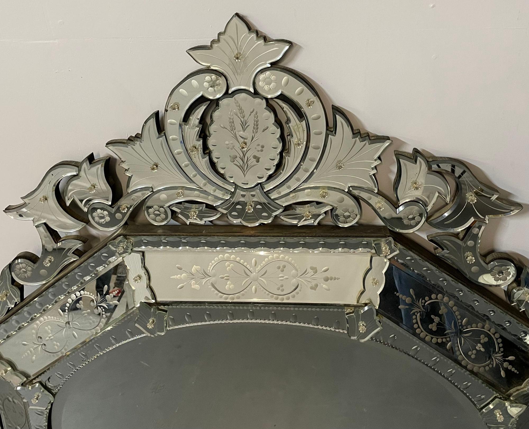 20th Century Large French Venetian Style Wall / Console Mirror, Floral Etched Glass, Beveled For Sale