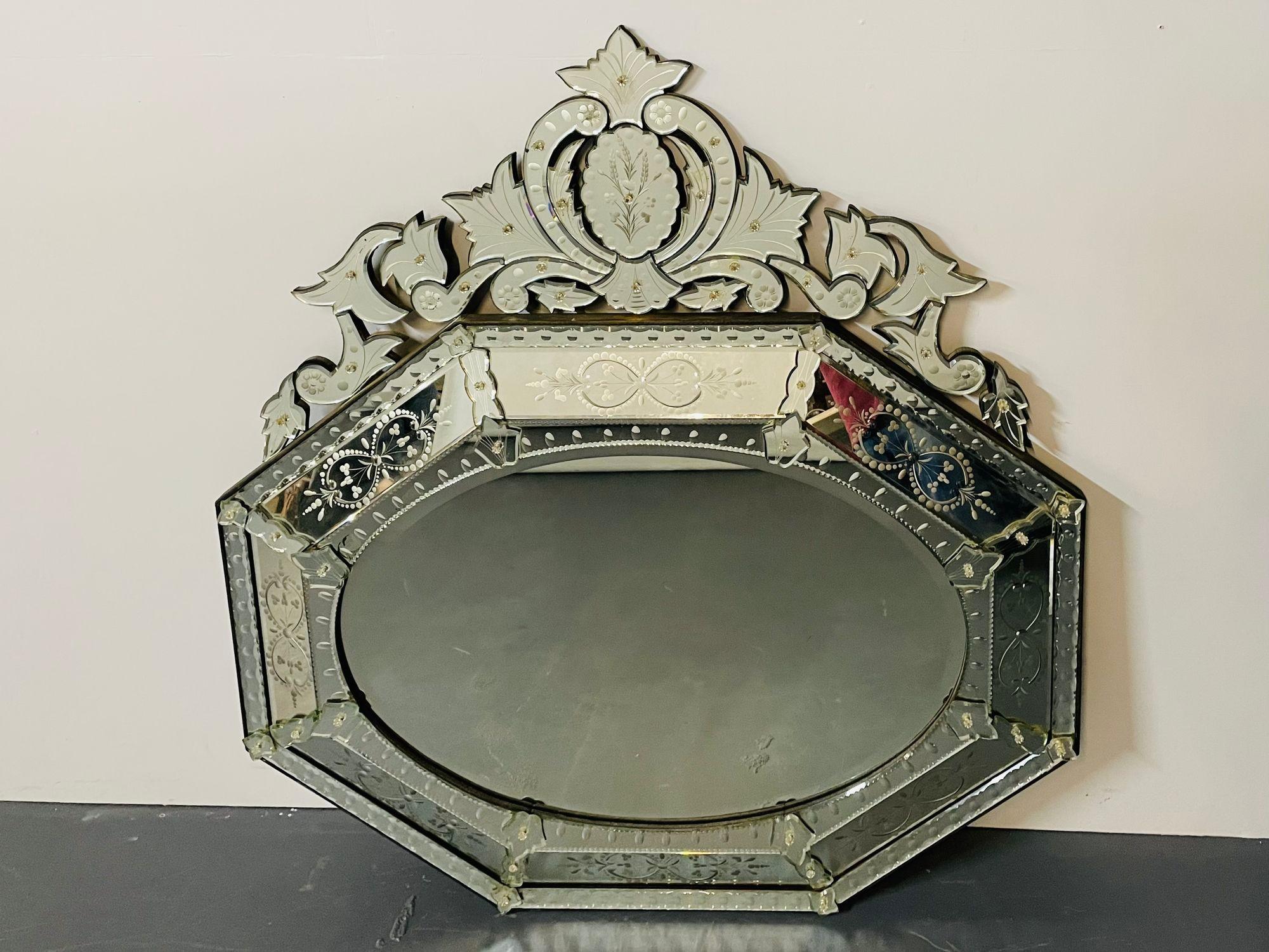 Large French Venetian Style Wall / Console Mirror, Floral Etched Glass, Beveled For Sale 1