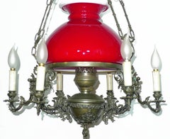 Large French Victorian Library Hanging Oil Lamp Ruby Red Glass Bronze Chandelier