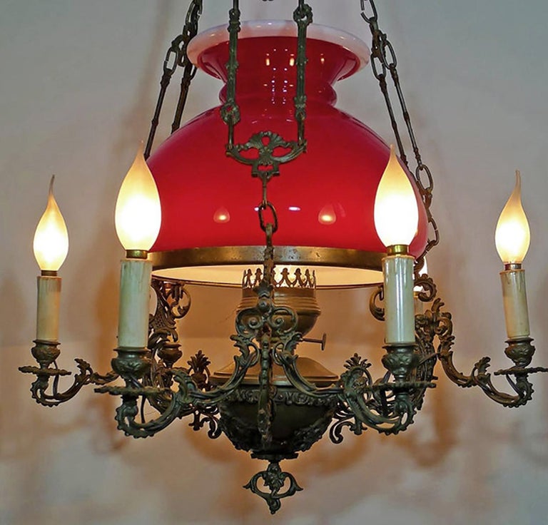 Large French Victorian Library Hanging Oil Lamp Ruby Red Glass Bronze  Chandelier For Sale at 1stDibs | antique hanging oil lamps prices,  victorian hanging lamp, red victorian lamp