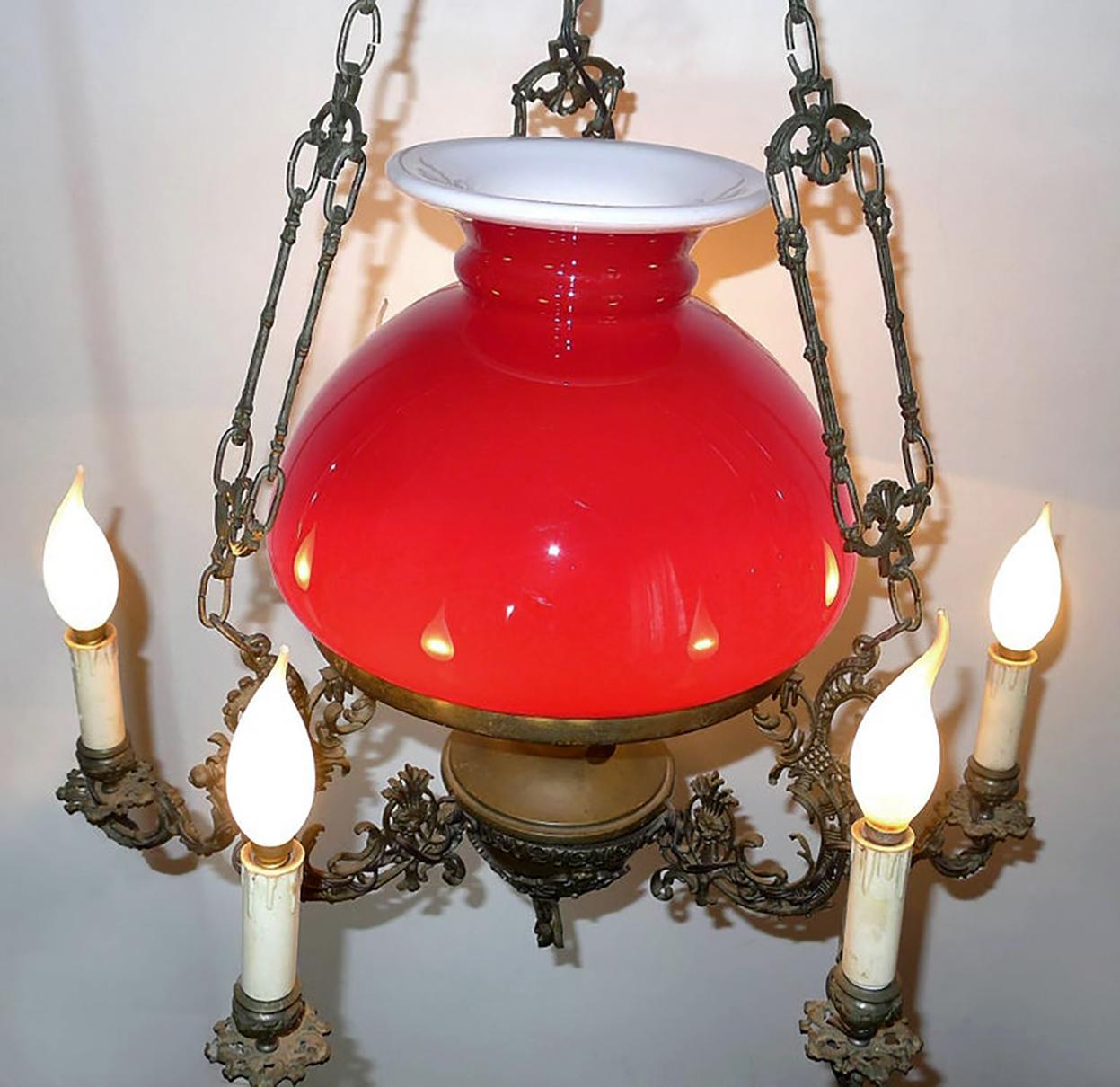 Bruni Grande lampe à huile suspendue de bibliothèque victorienne française Verre rouge rubis Bronze Lustre en vente