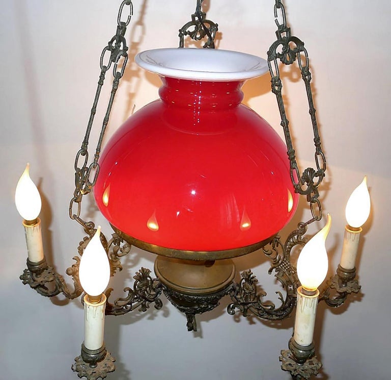 Large French Victorian Library Hanging Oil Lamp Ruby Red Glass Bronze ...
