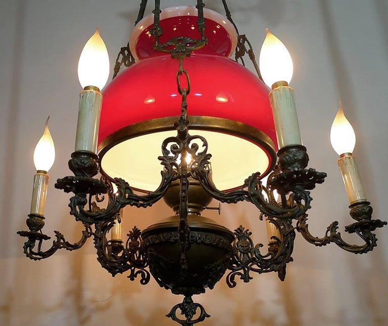 Large French Victorian Library Hanging Oil Lamp Ruby Red Glass Bronze ...