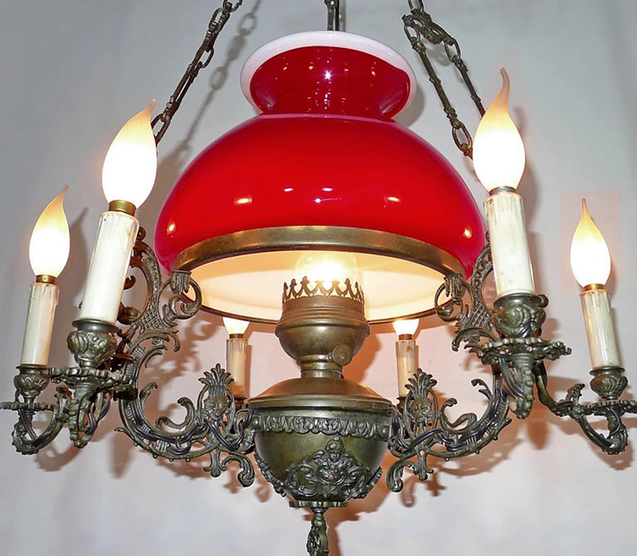 Large French Victorian Library Hanging Oil Lamp Ruby Red Glass Bronze Chandelier In Good Condition For Sale In Coimbra, PT