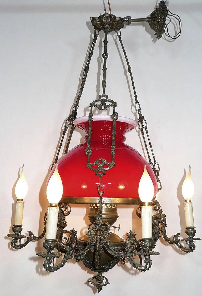 20th Century Large French Victorian Library Hanging Oil Lamp Ruby Red Glass Bronze Chandelier For Sale