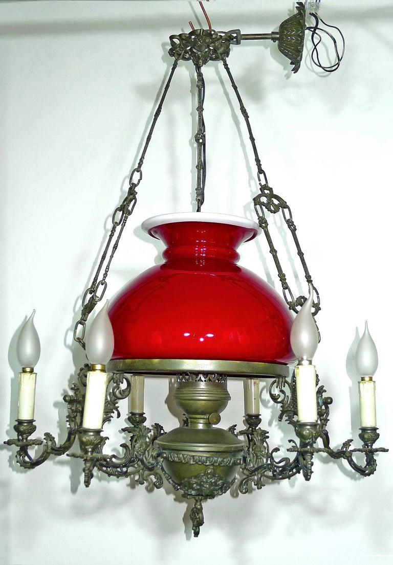 Metal Large French Victorian Library Hanging Oil Lamp Ruby Red Glass Bronze Chandelier For Sale