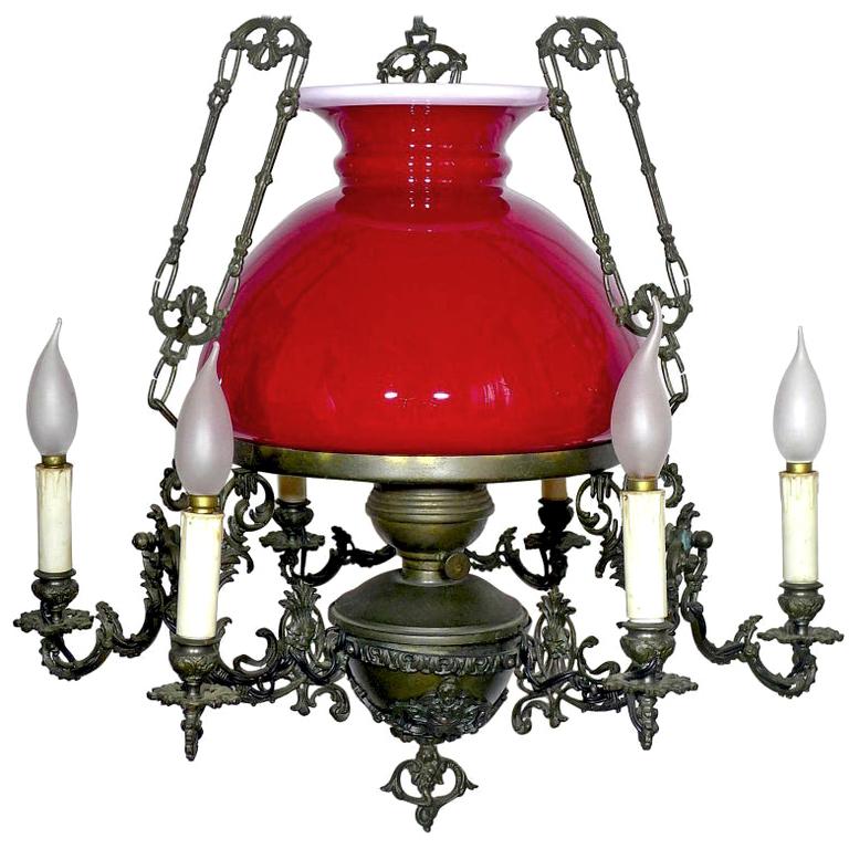 Large French Victorian Library Hanging Oil Lamp Ruby Red Glass Bronze Chandelier For Sale