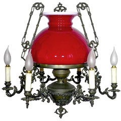 Vintage Large French Victorian Library Hanging Oil Lamp Ruby Red Glass Bronze Chandelier