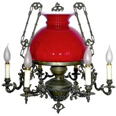 Retro Large French Victorian Library Hanging Oil Lamp Ruby Red Glass Bronze Chandelier