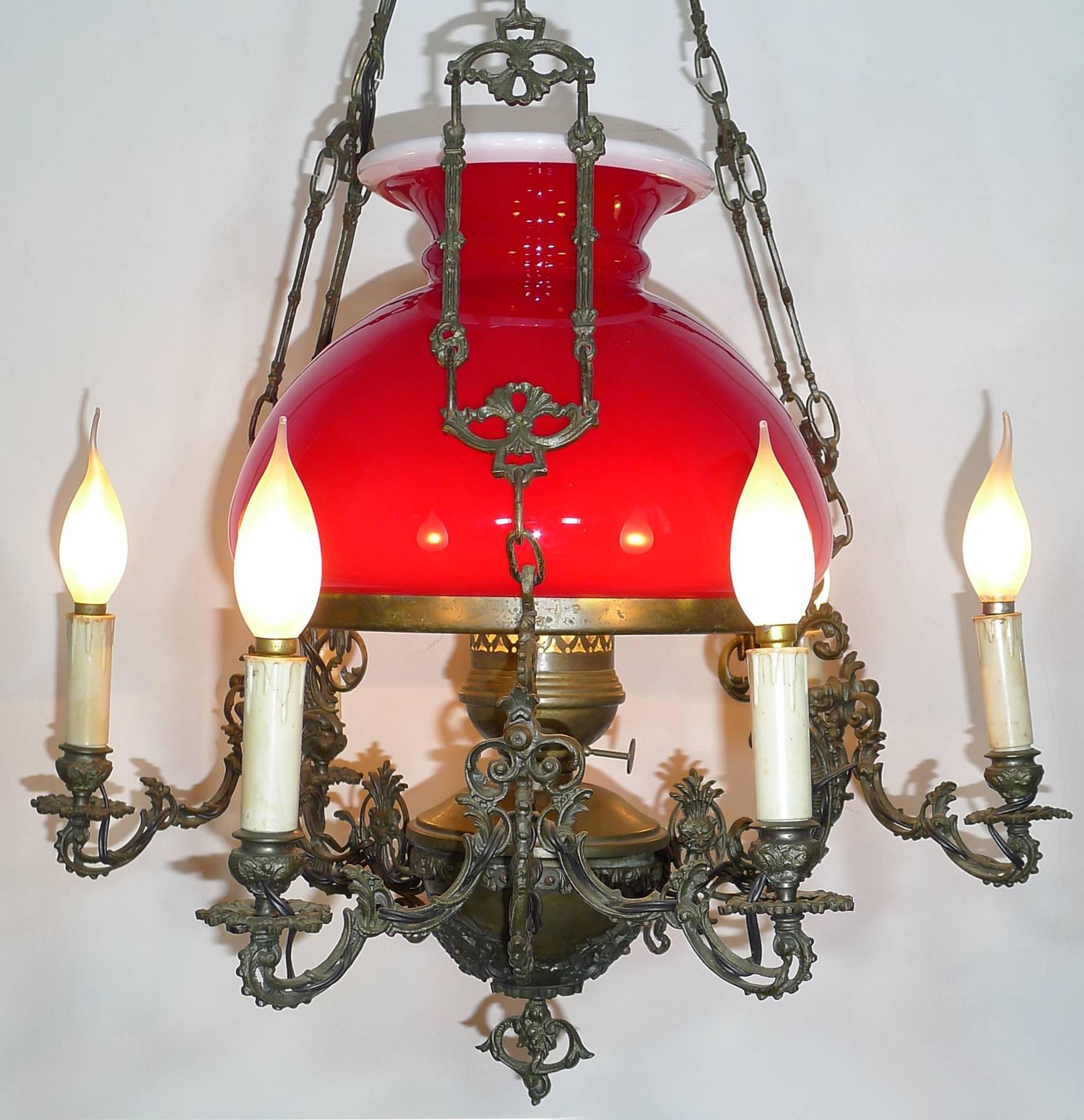 Large French Victorian Library Hanging Oil Lamp Ruby Red Glass Bronze Chandelier (Viktorianisch)