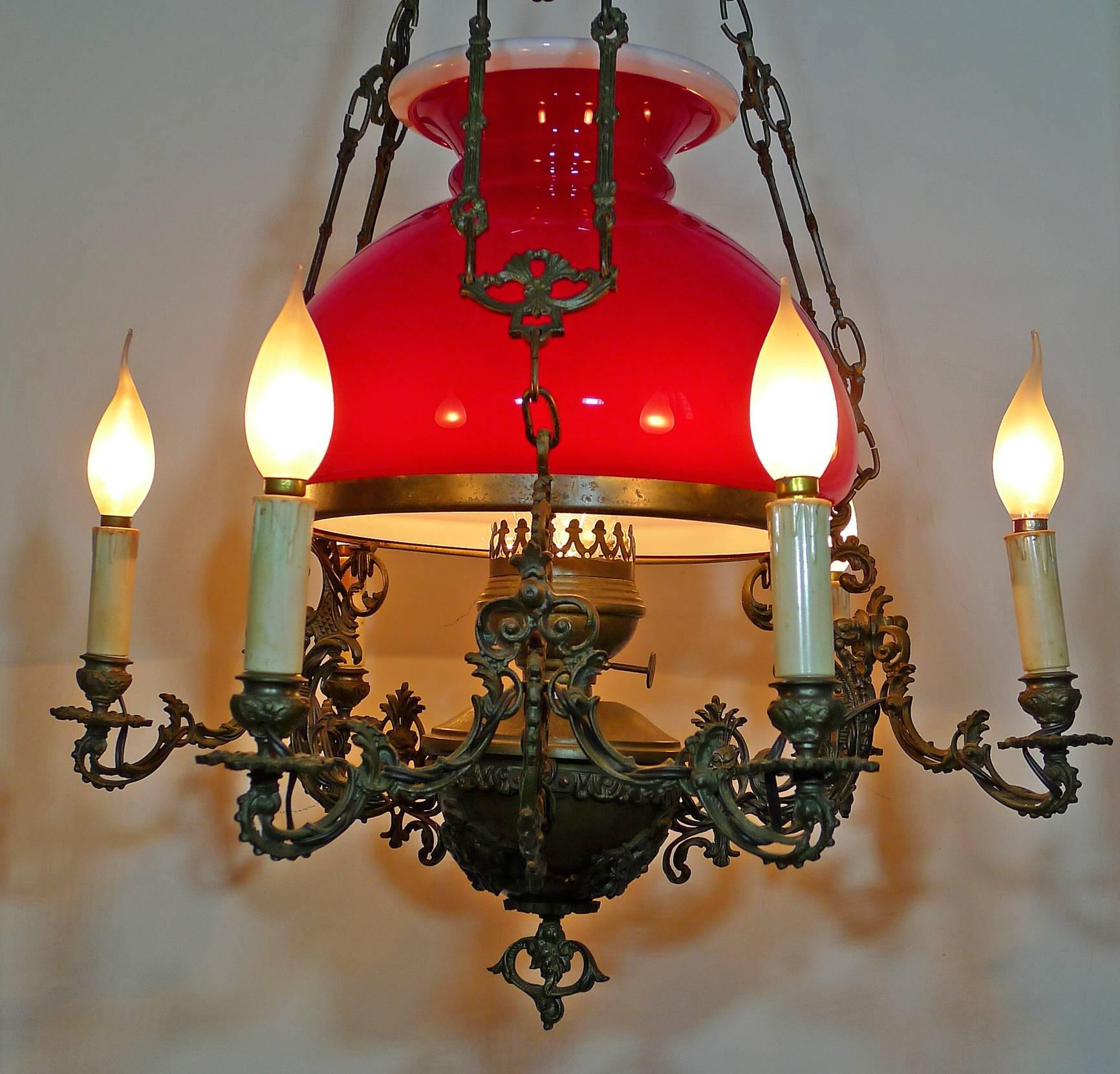 Large French Victorian Library Hanging Oil Lamp Ruby Red Glass Bronze Chandelier (Französisch)