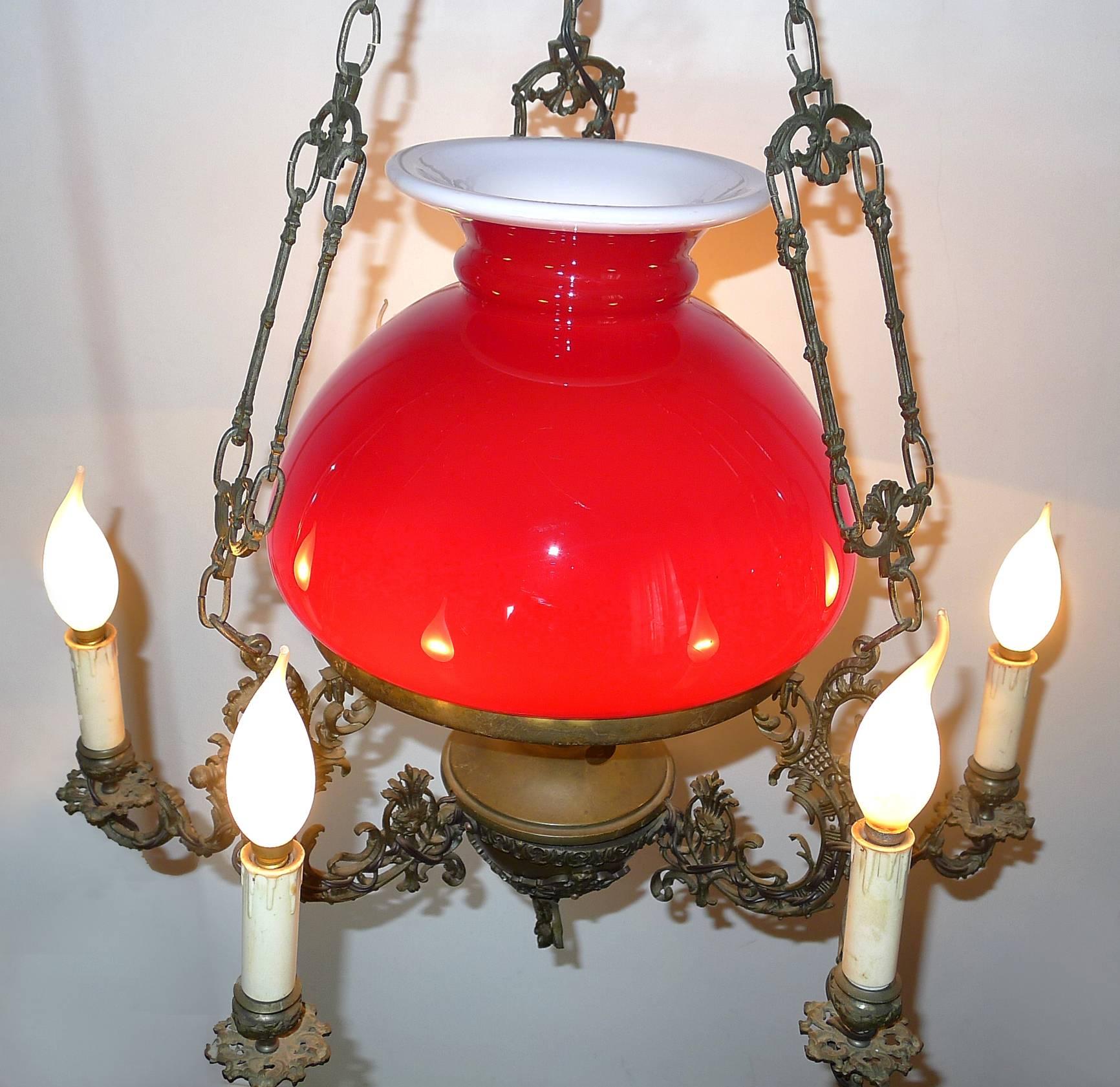 Large French Victorian Library Hanging Oil Lamp Ruby Red Glass Bronze Chandelier (20. Jahrhundert)