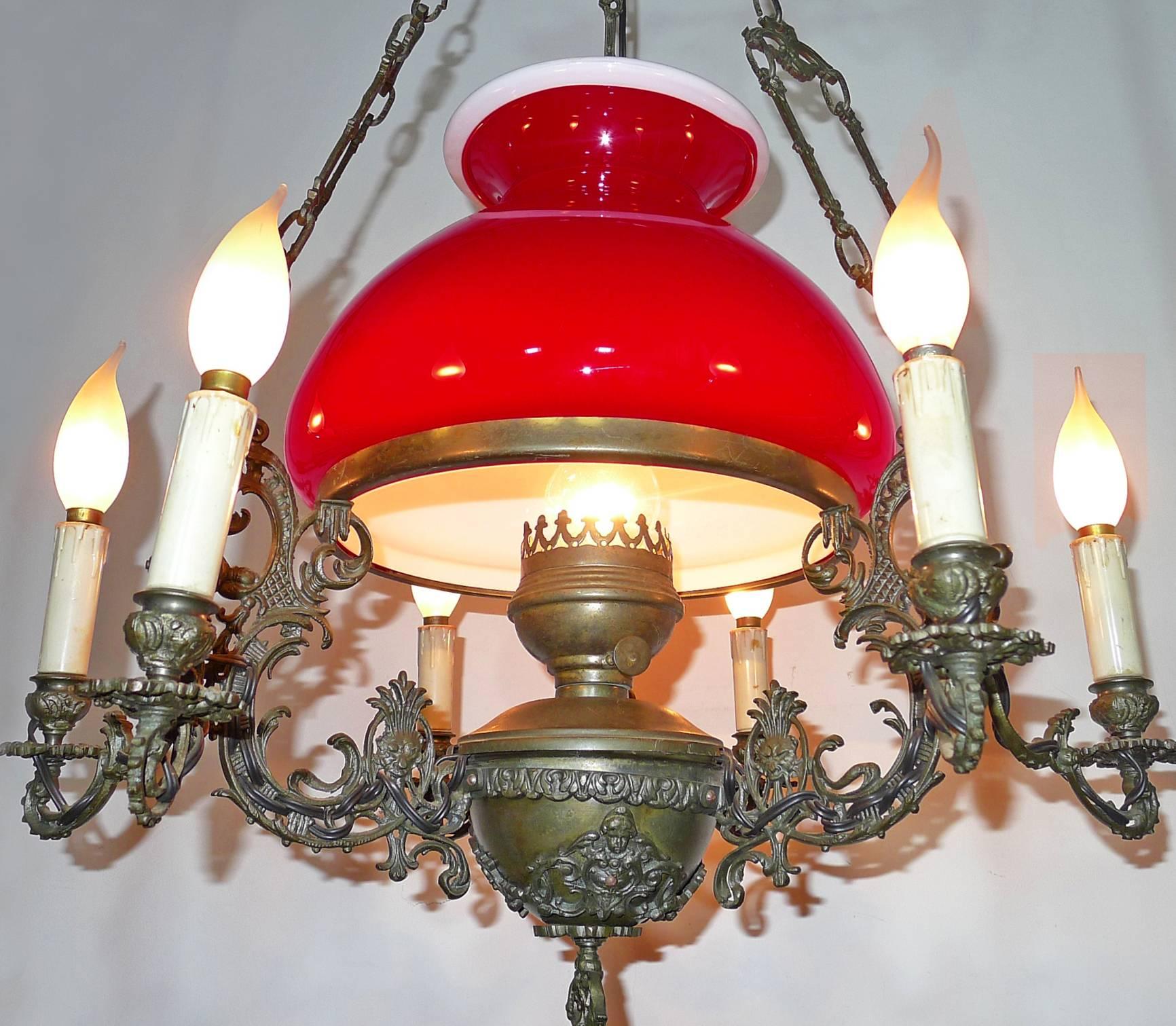 20th Century Large French Victorian Library Hanging Oil Lamp Ruby Red Glass Bronze Chandelier