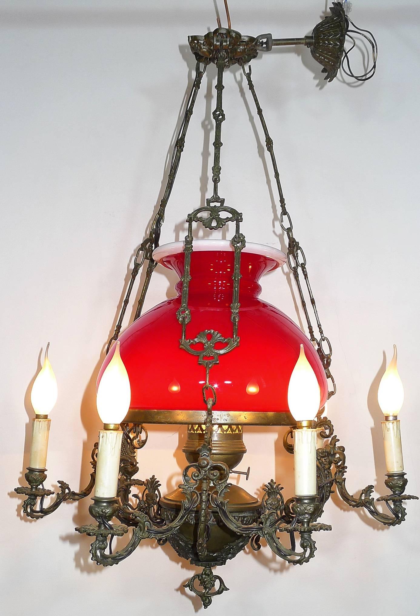 Metal Large French Victorian Library Hanging Oil Lamp Ruby Red Glass Bronze Chandelier