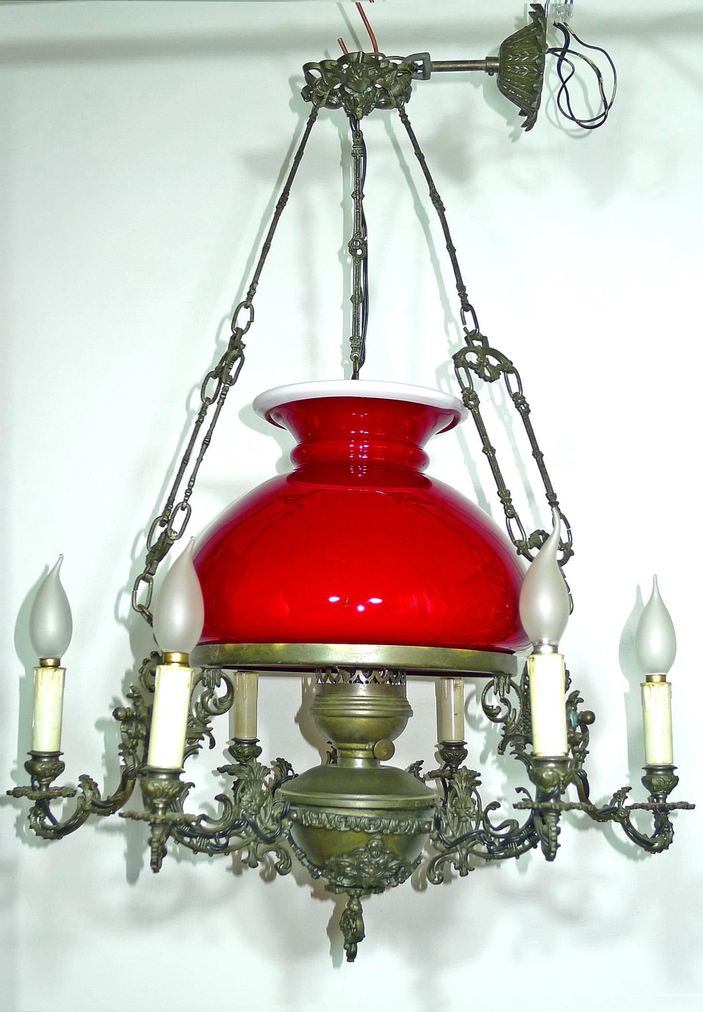 Large French Victorian Library Hanging Oil Lamp Ruby Red Glass Bronze Chandelier 1