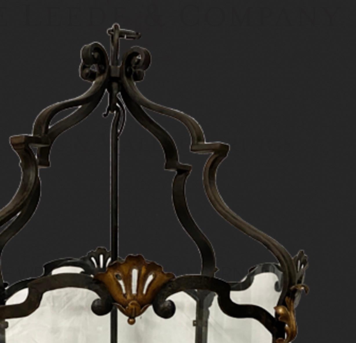 20th Century Large French Vintage Wrought Iron Lantern with Gilt detail  For Sale
