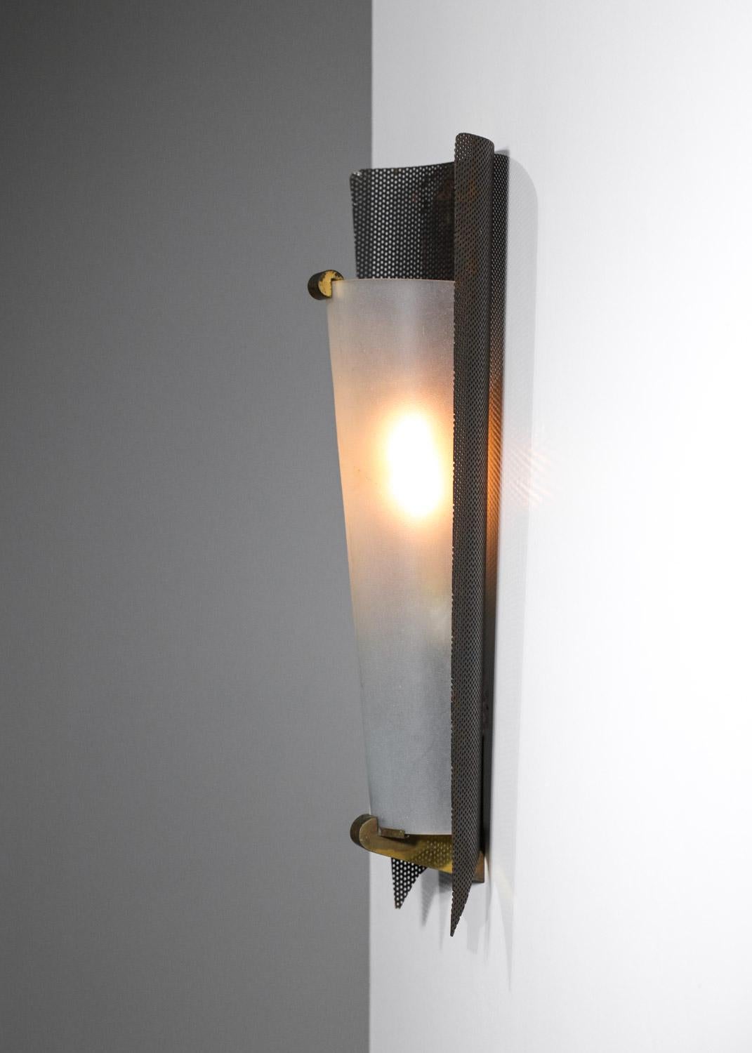 Mid-20th Century Large French Wall Light 50's Style Mathieu Mategot in Rigitulle and Glass, G851