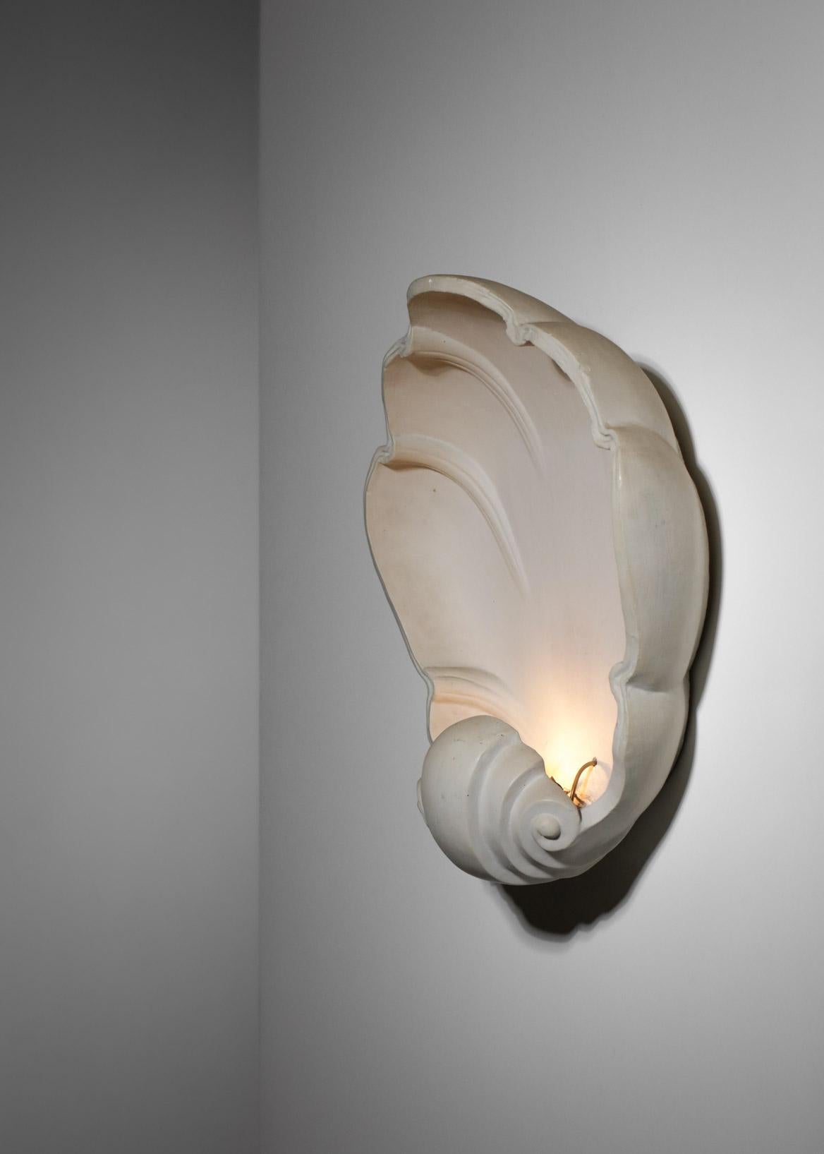 Large French Wall Light Shell in Plaster from the 80's E440 8