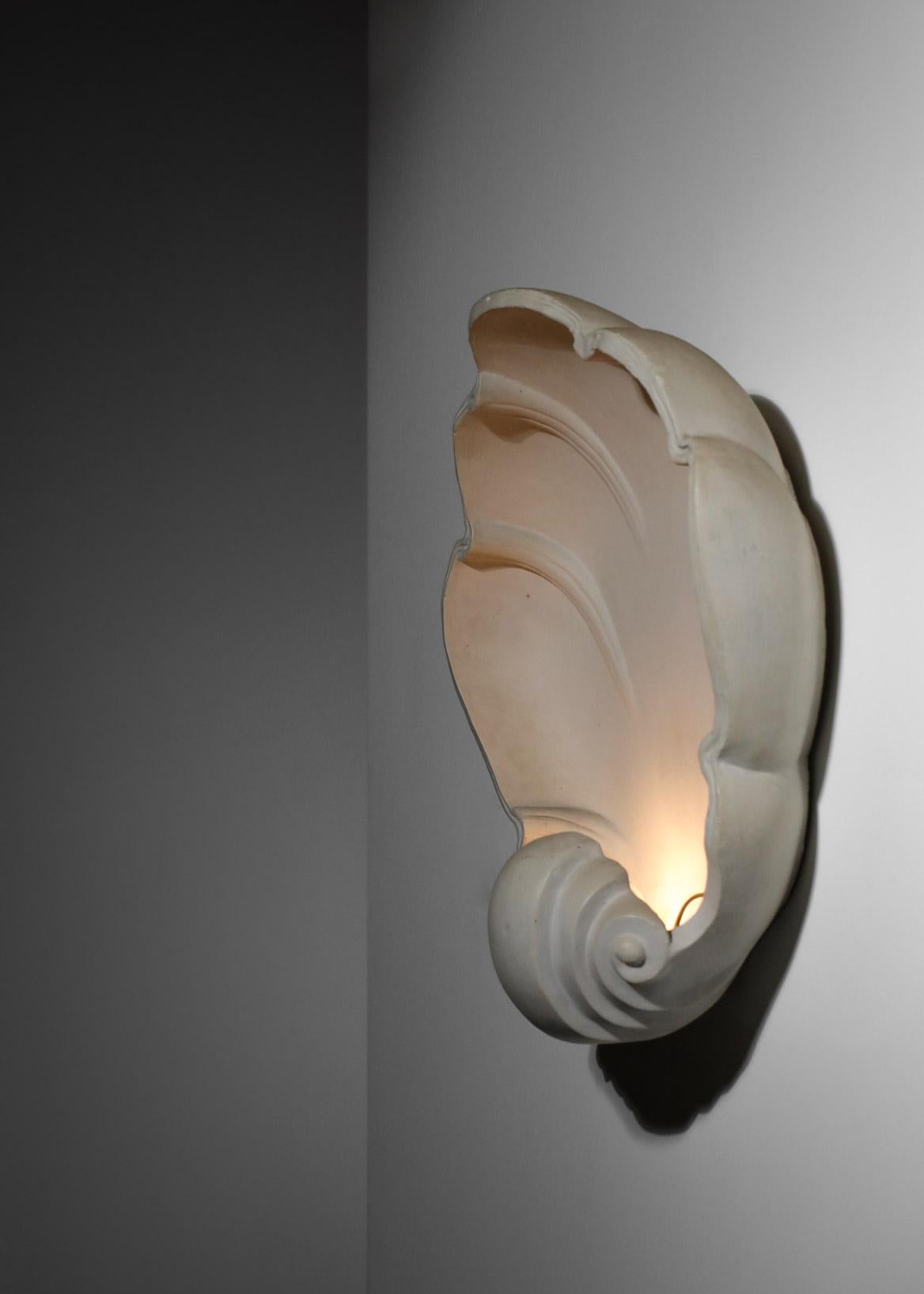 Large French Wall Light Shell in Plaster from the 80's E440 1