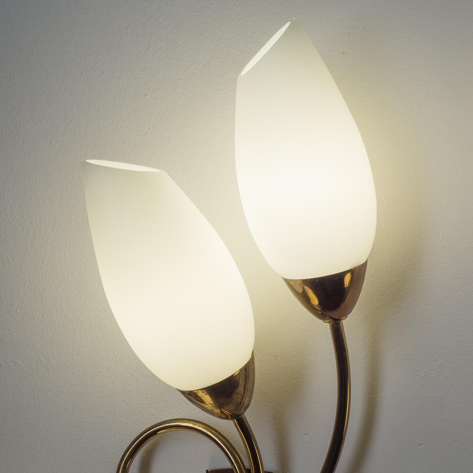 Large French Wall Lights, 1950s, Brass and Satin Glass 10