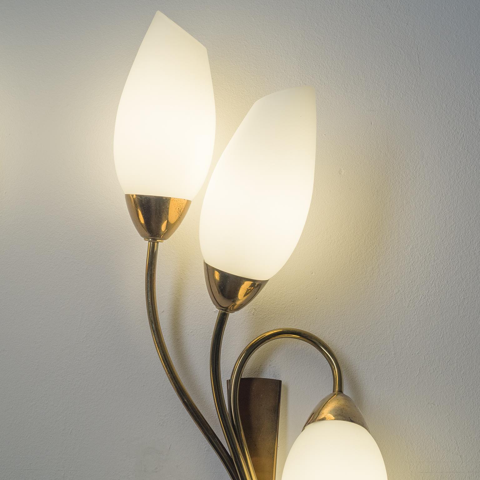 Large French Wall Lights, 1950s, Brass and Satin Glass In Good Condition In Vienna, AT