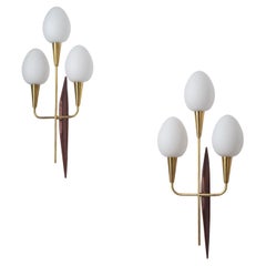 Large French Wall Lights, 1950s, Teak, Brass and Satin Glass Large French Wall Lights, 1950s, Teak, Brass and Satin Glass