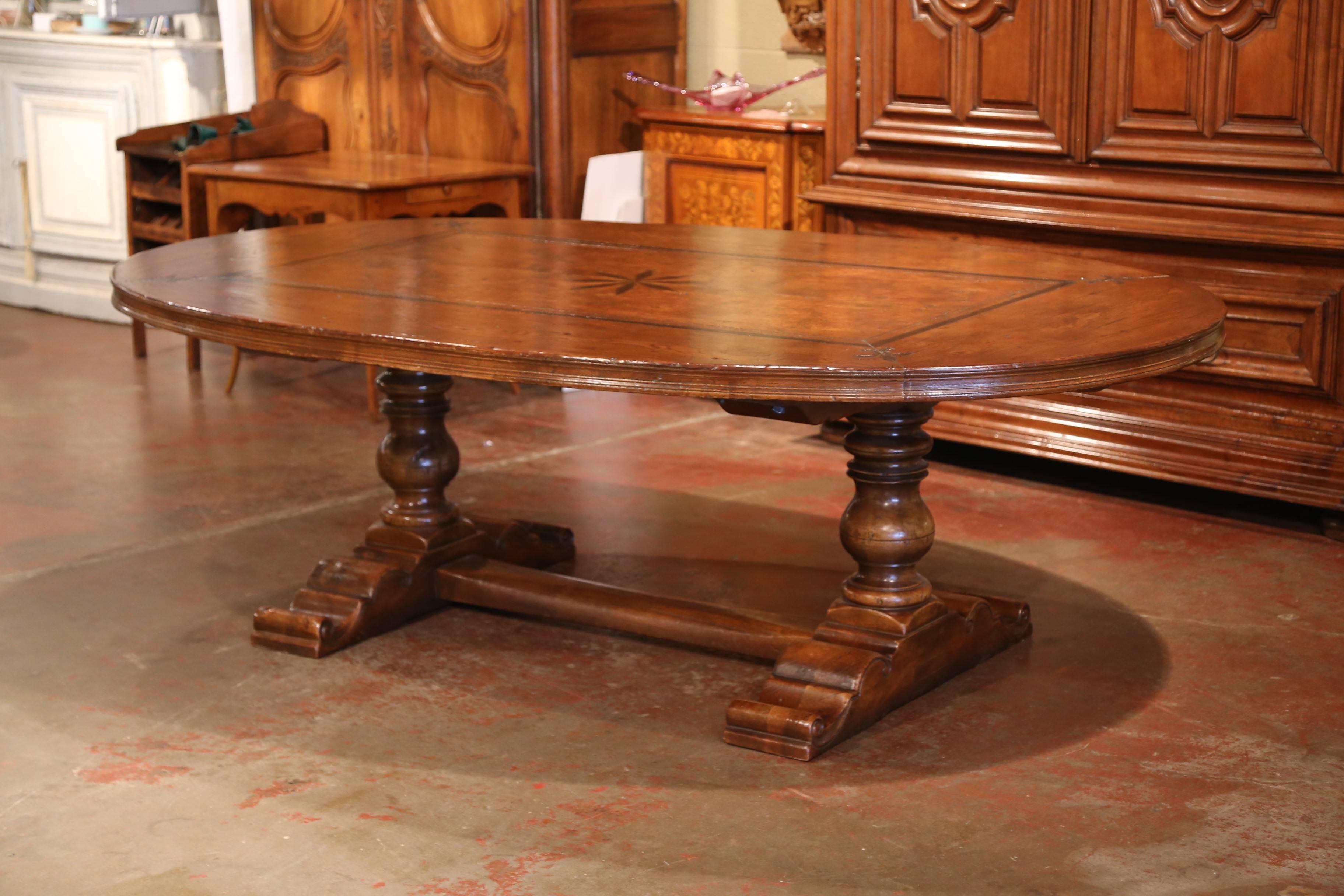 Marquetry French Walnut and Chestnut Oval Trestle Dining Room Table with Inlay Decor