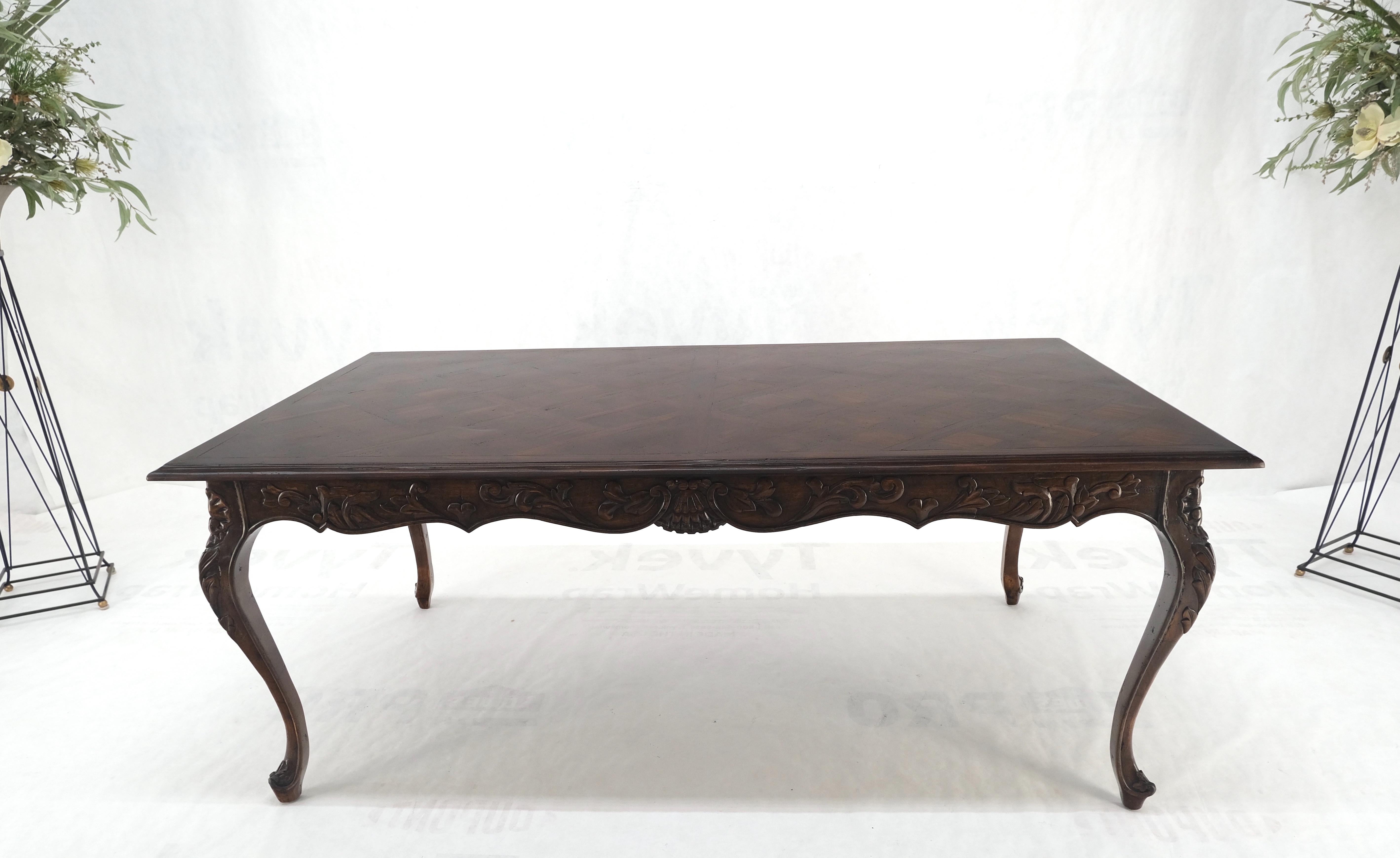 Large French Walnut Refectory Two Leaves Parquetry Carved Top Dining Room Table  For Sale 3
