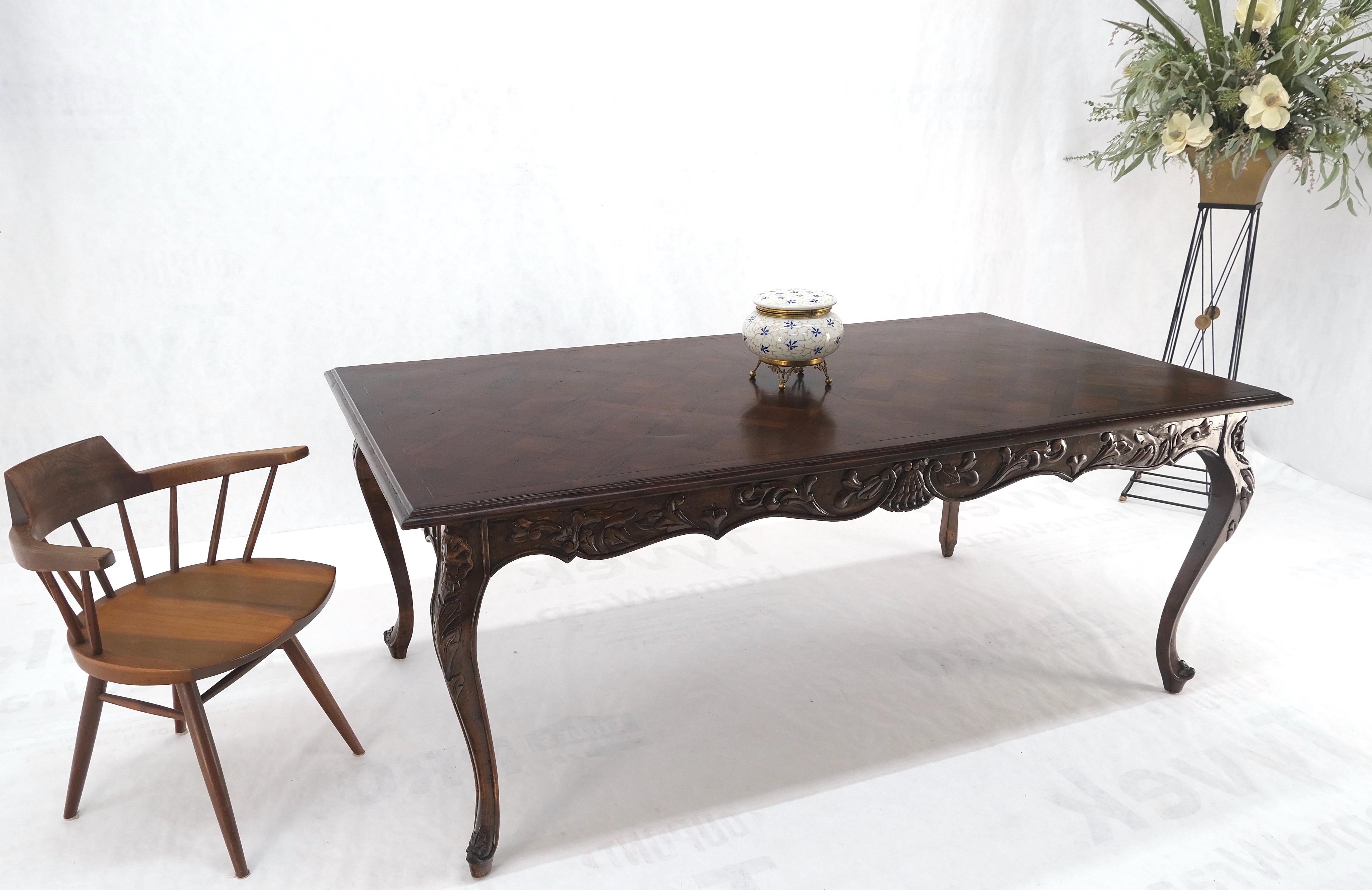 Large French Walnut Refectory Two Leaves Parquetry Carved Top Dining Room Table  For Sale 4