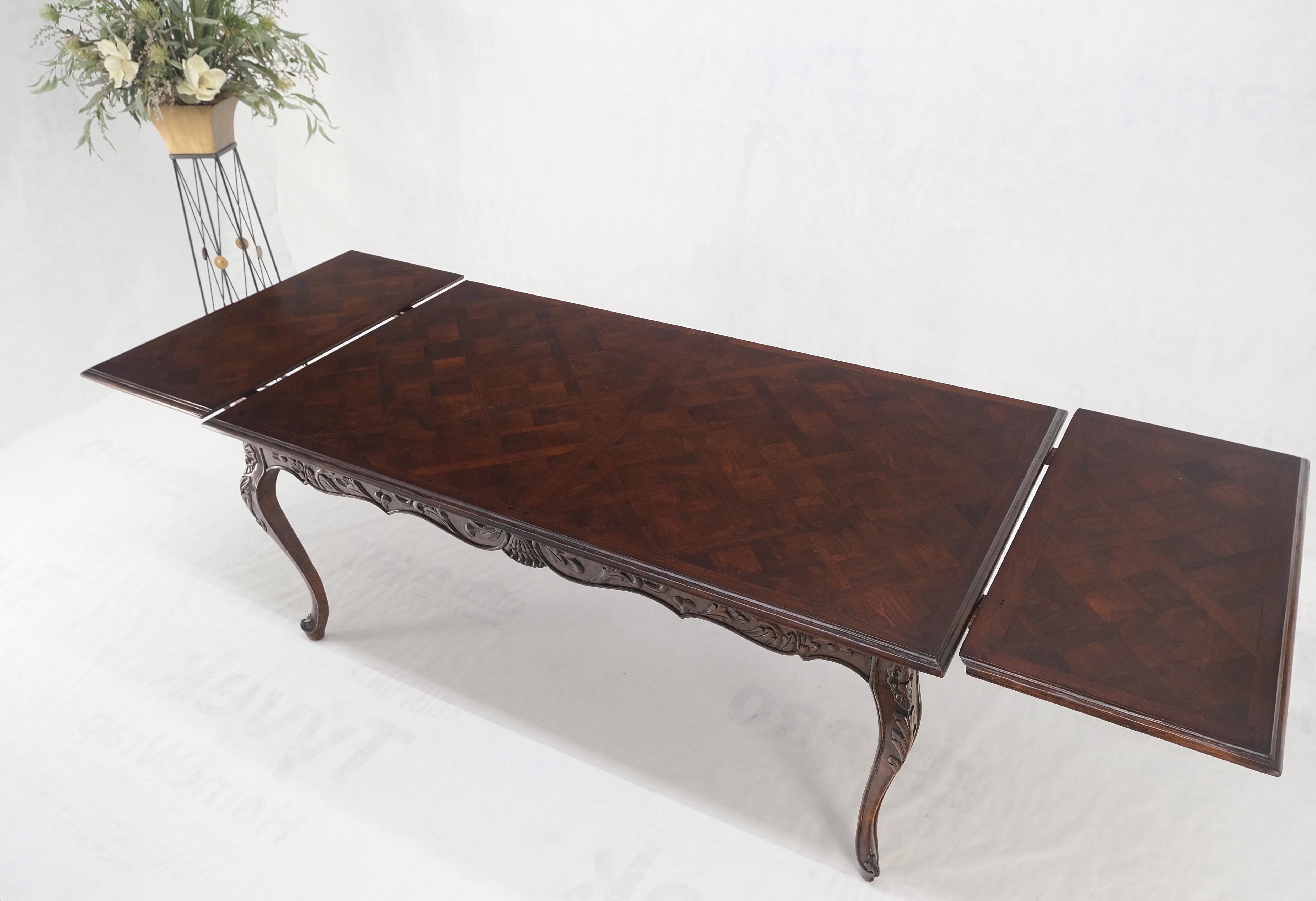 American Large French Walnut Refectory Two Leaves Parquetry Carved Top Dining Room Table  For Sale