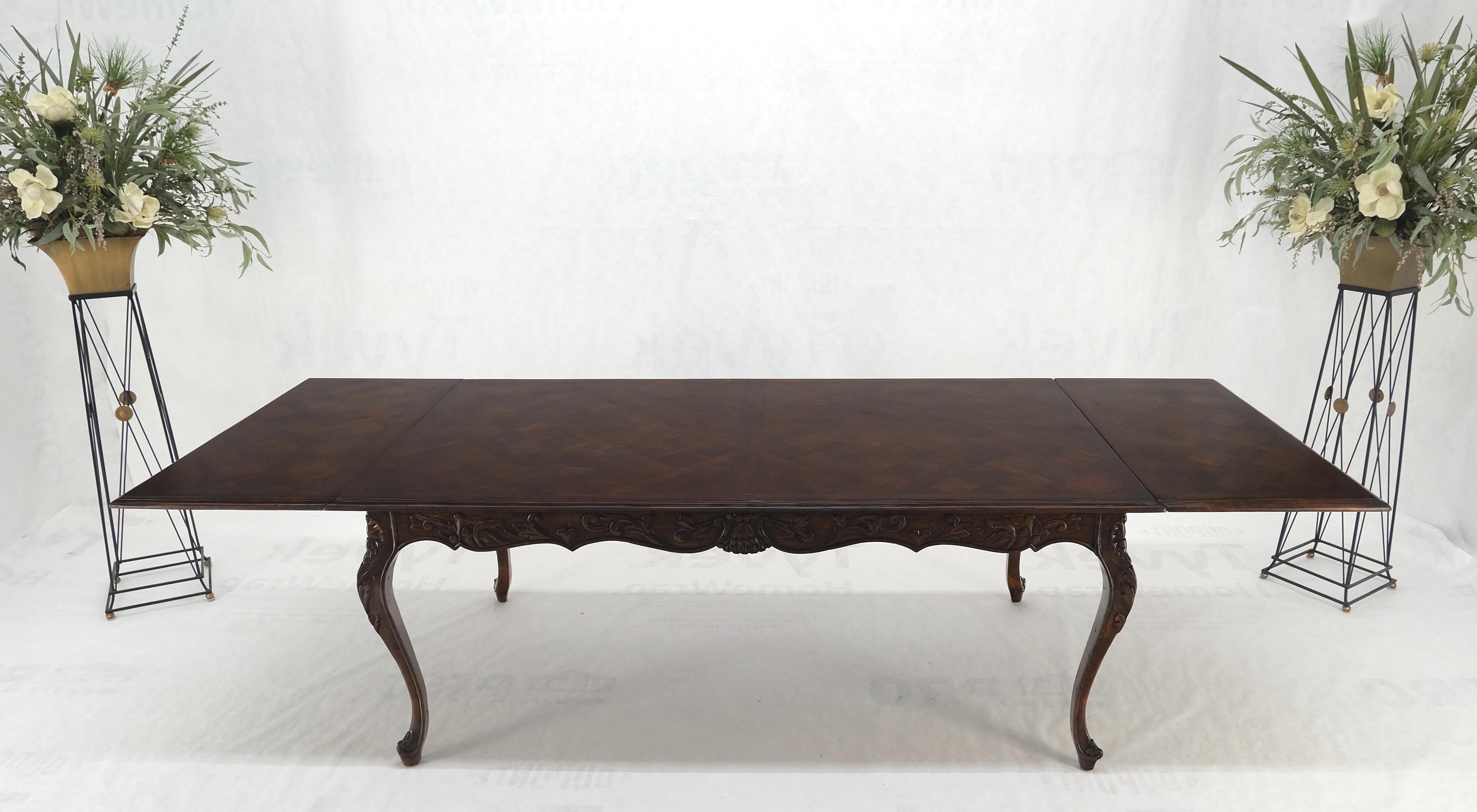 Lacquered Large French Walnut Refectory Two Leaves Parquetry Carved Top Dining Room Table  For Sale