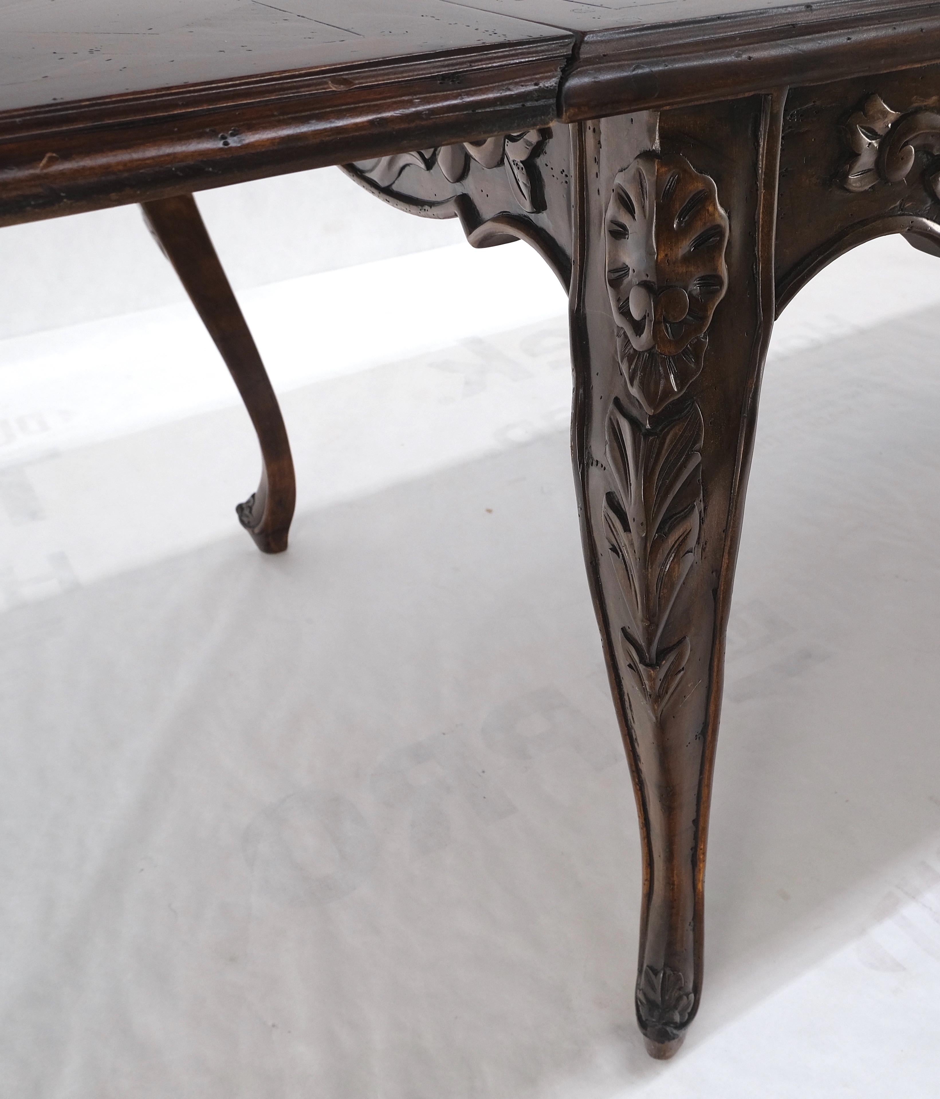 Large French Walnut Refectory Two Leaves Parquetry Carved Top Dining Room Table  In Good Condition For Sale In Rockaway, NJ