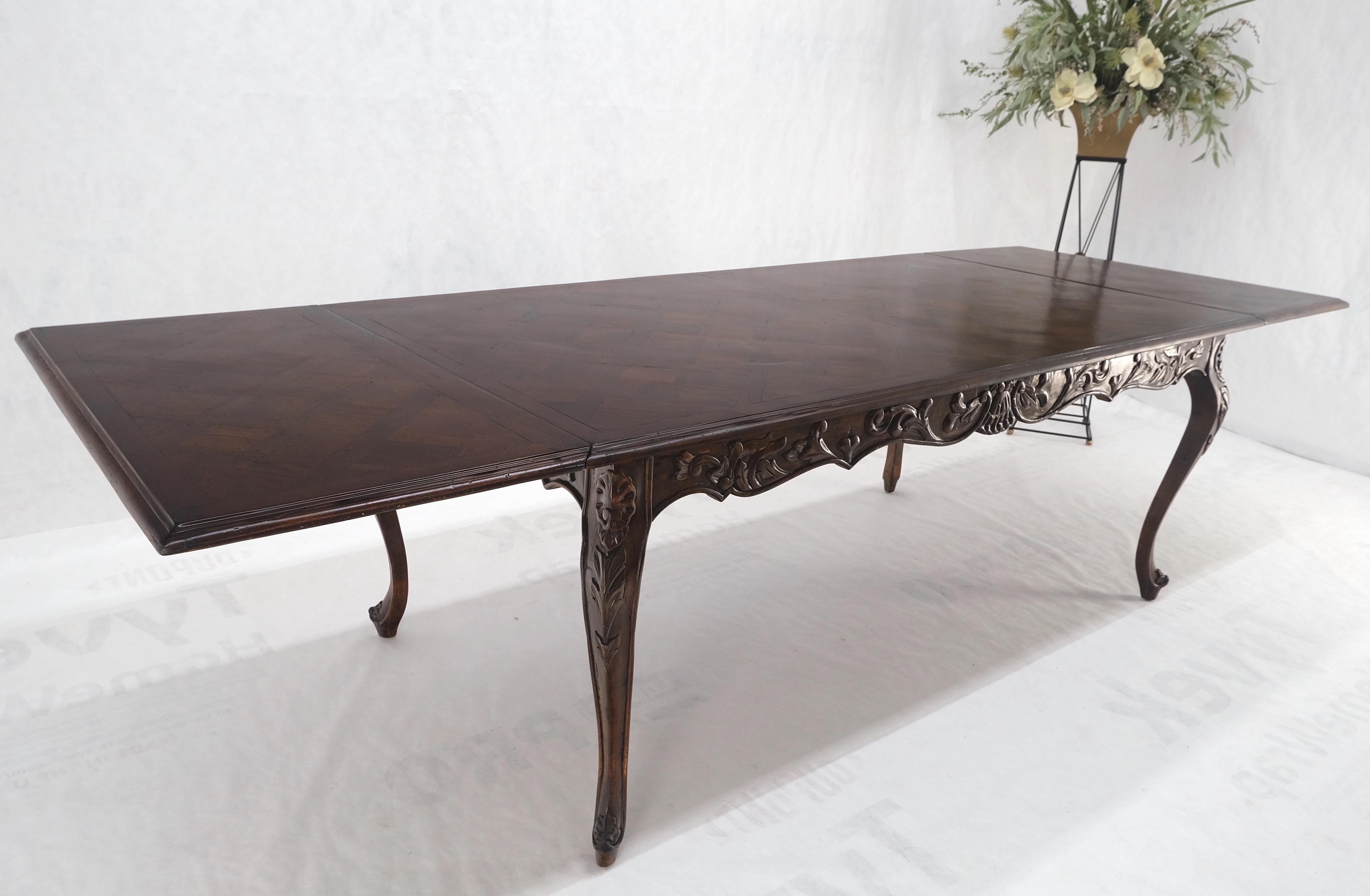 20th Century Large French Walnut Refectory Two Leaves Parquetry Carved Top Dining Room Table  For Sale