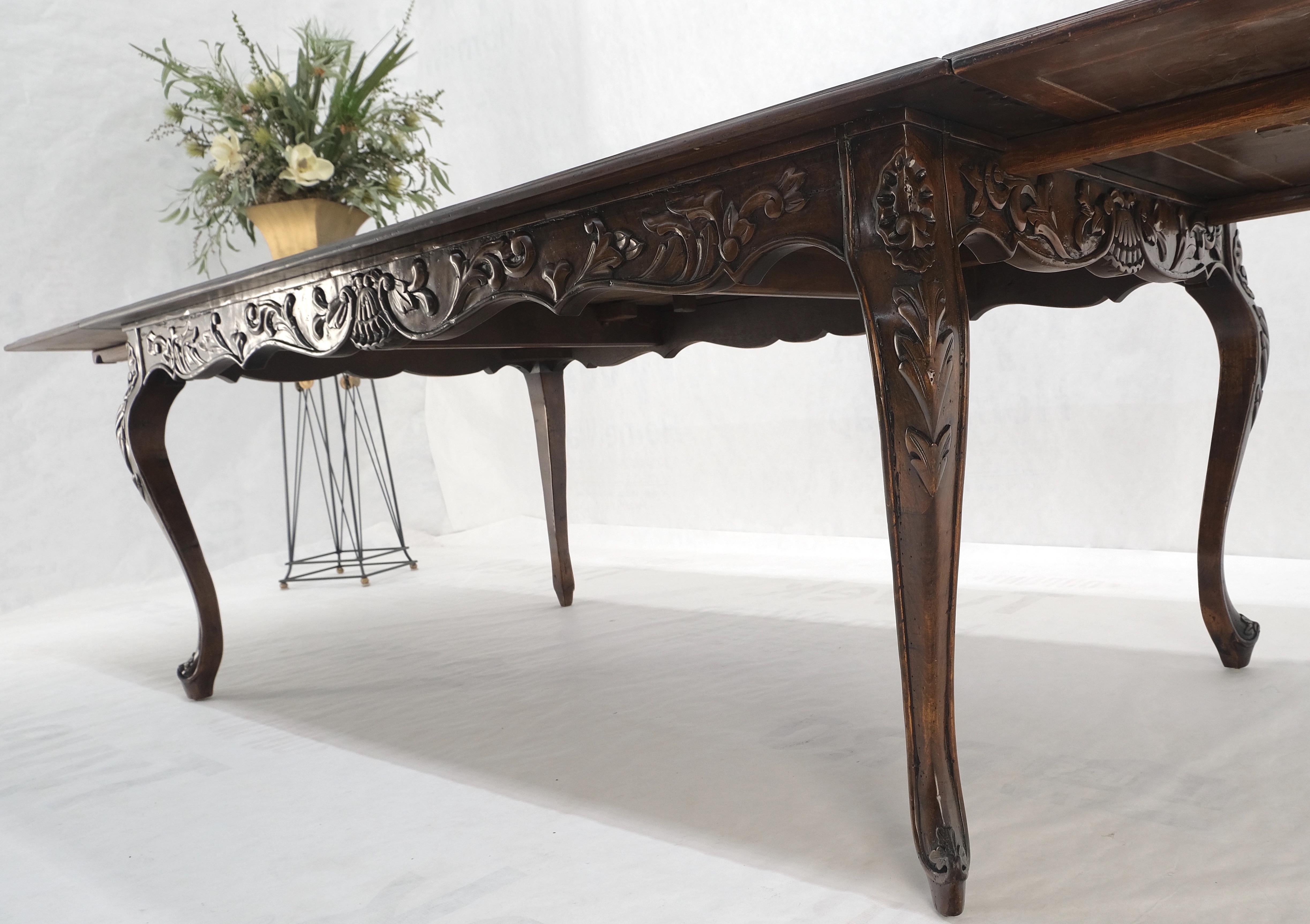 Large French Walnut Refectory Two Leaves Parquetry Carved Top Dining Room Table  For Sale 1