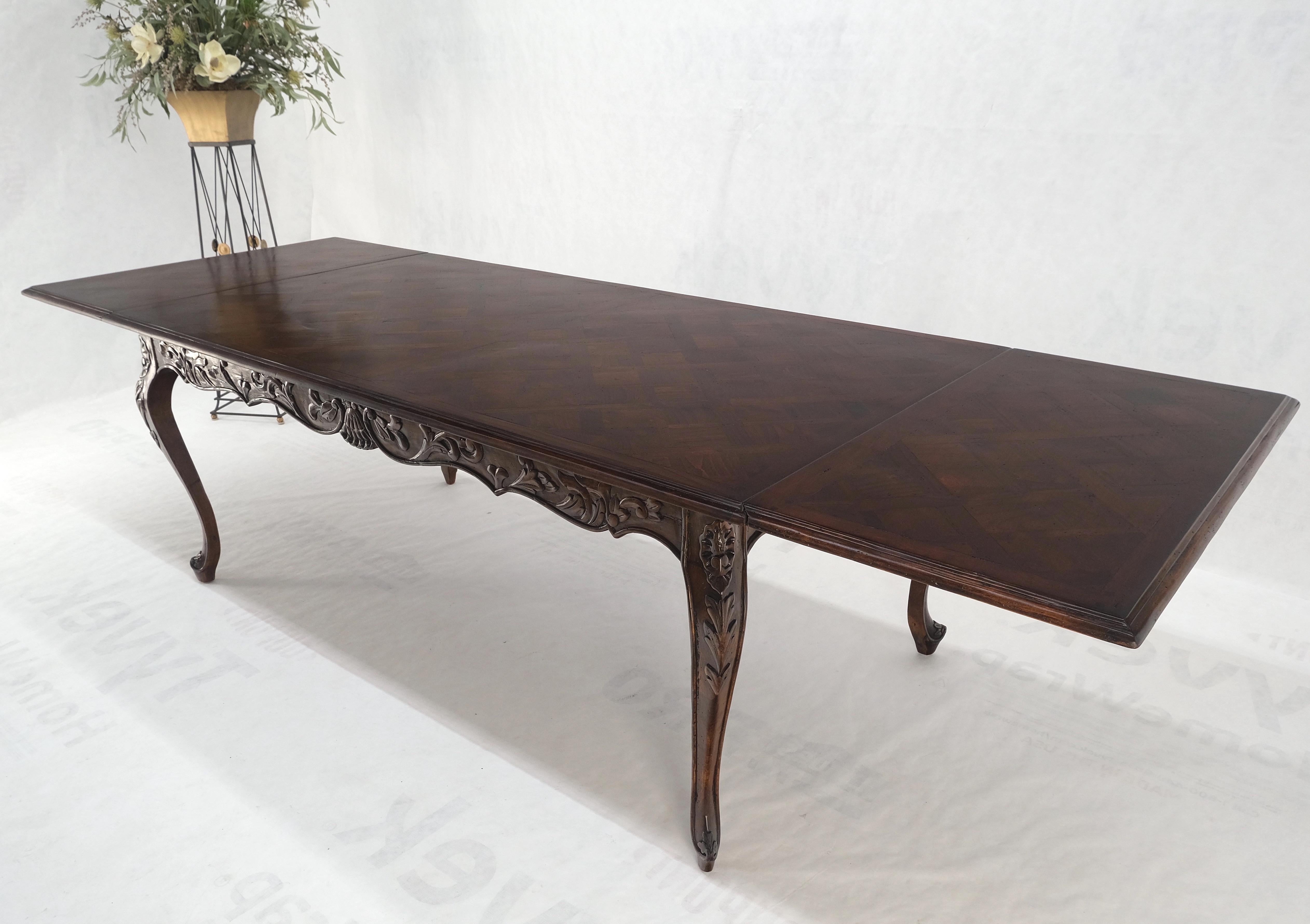 Large French Walnut Refectory Two Leaves Parquetry Carved Top Dining Room Table  For Sale 2
