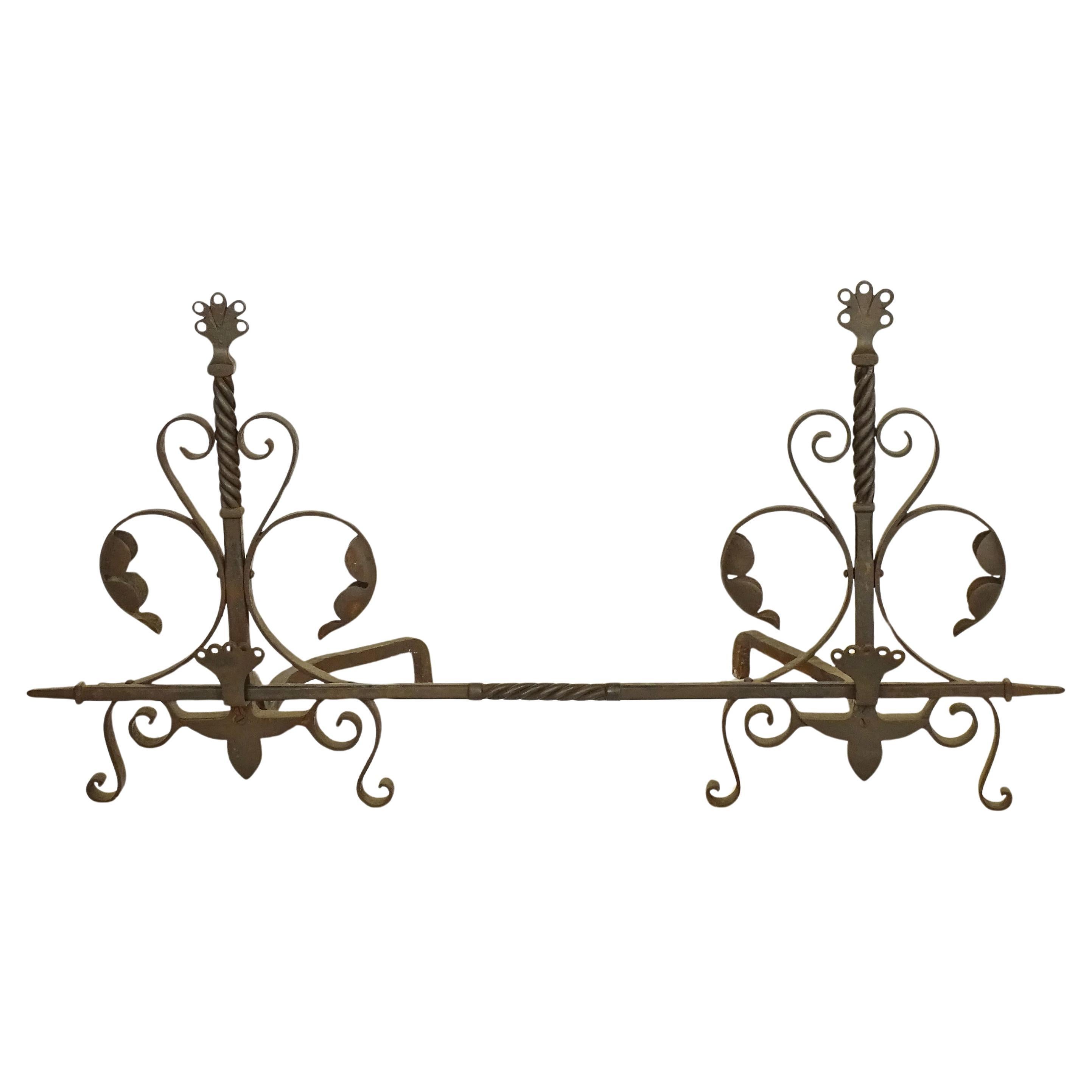 Large French Whimsical Wrought Iron Andirons, 1940s