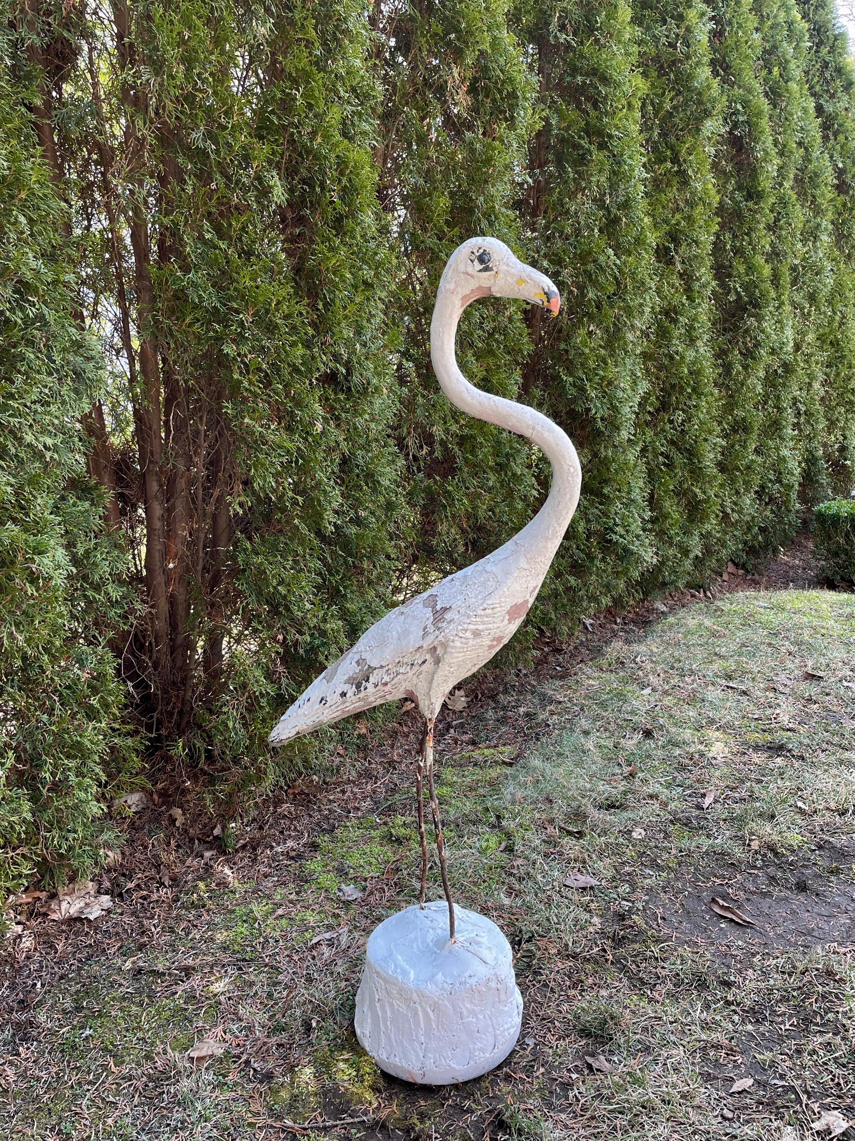 Hand-Crafted Large French White Flamingo Statue For Sale
