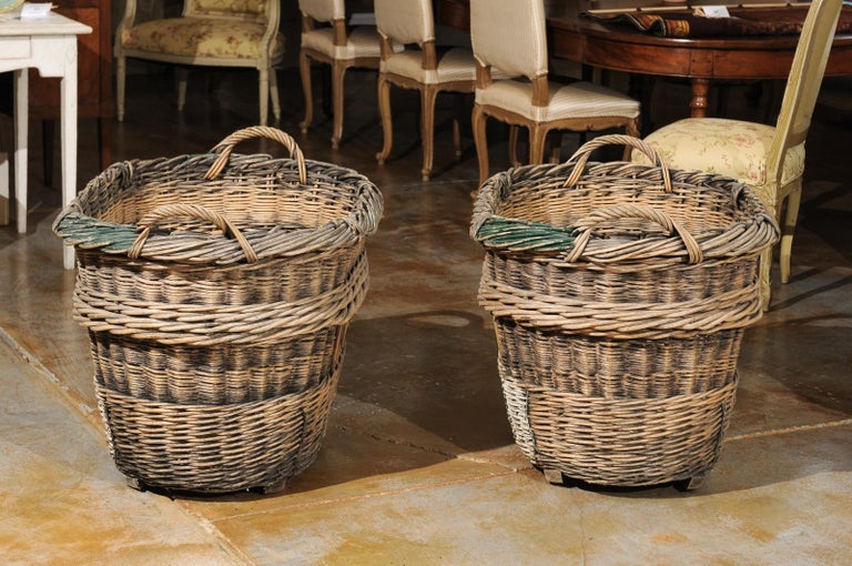 Large French Wicker Basket circa 1900 with Weathered Appearance and