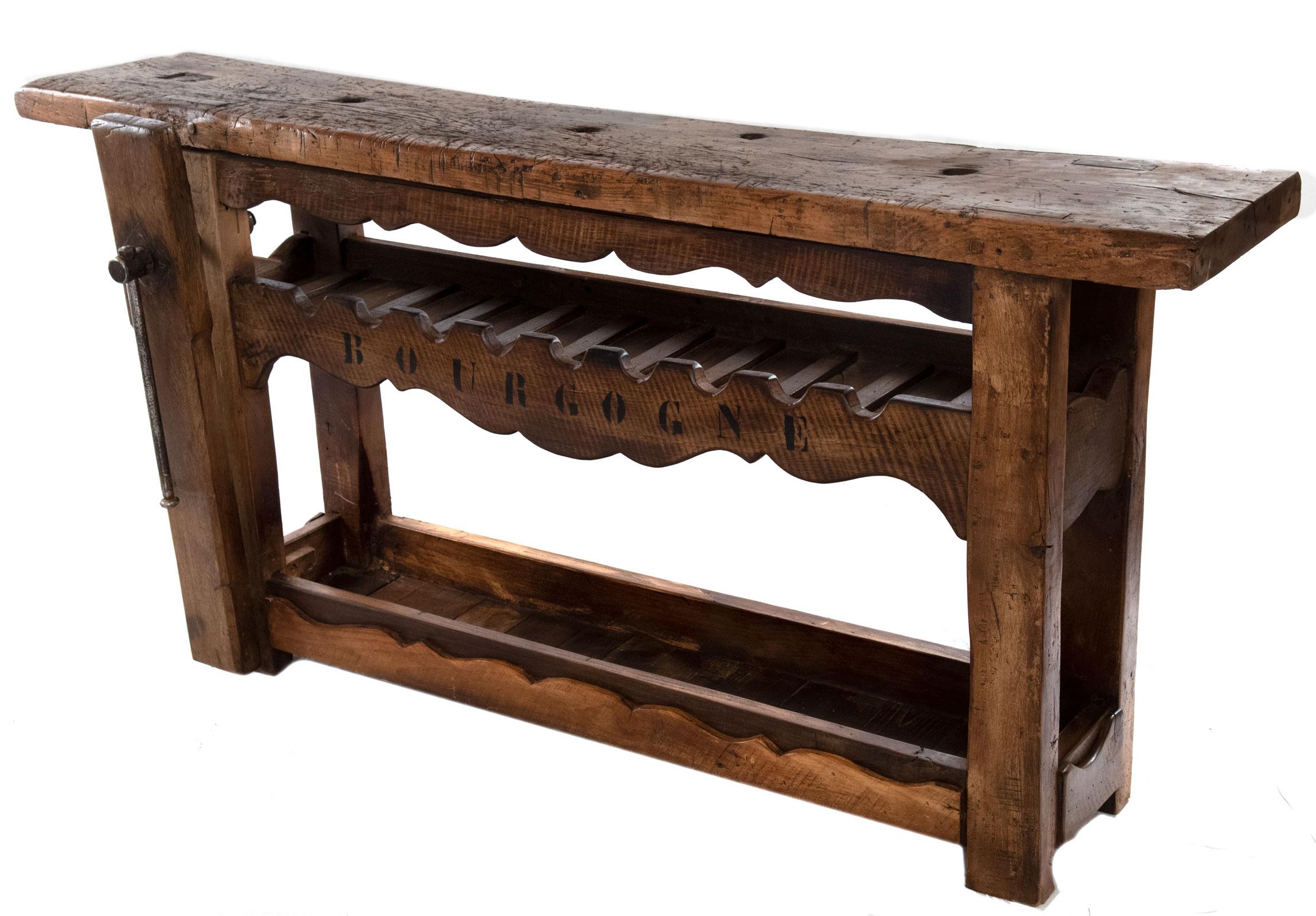 Made from 19th century French walnut, each bench dates to the 1870s in Lyon. Each bench bears the marks of generations of use. A small furniture maker in Lyon has recently acquired a limited number of these traditional benches, side-tables, and