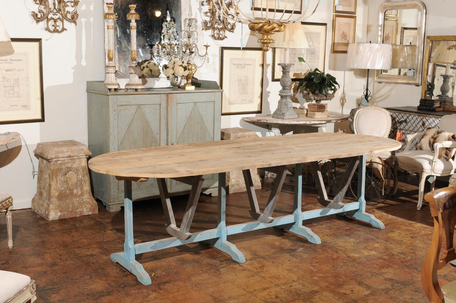 Rustic Large French Wine Tasting Table with Oval Tilt-Top and Blue Painted Trestle Base