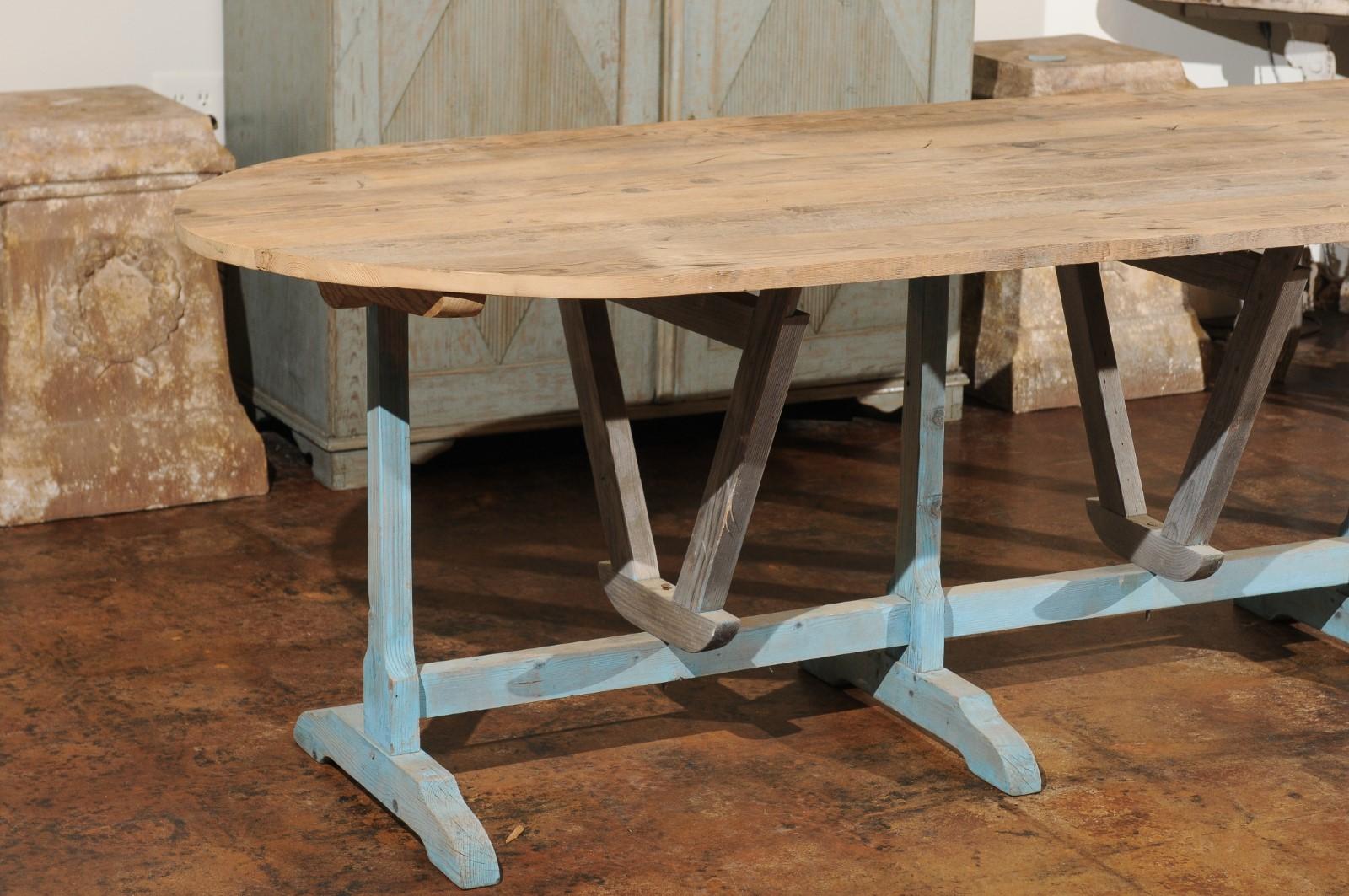 Hand-Painted Large French Wine Tasting Table with Oval Tilt-Top and Blue Painted Trestle Base