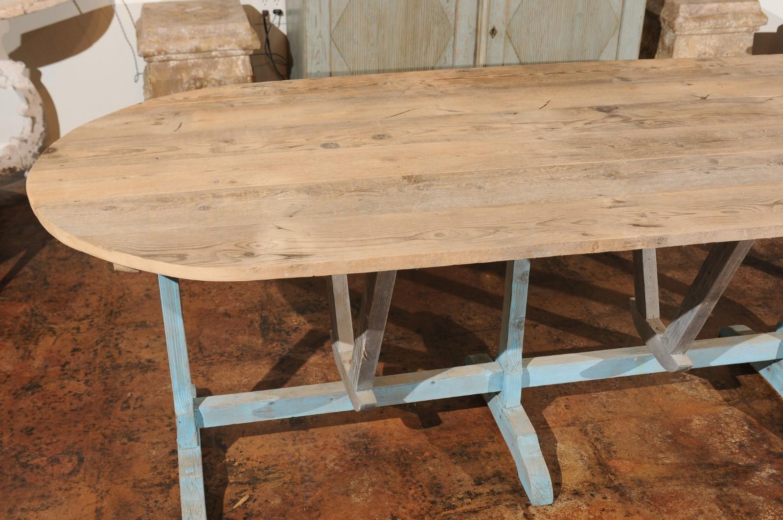 19th Century Large French Wine Tasting Table with Oval Tilt-Top and Blue Painted Trestle Base