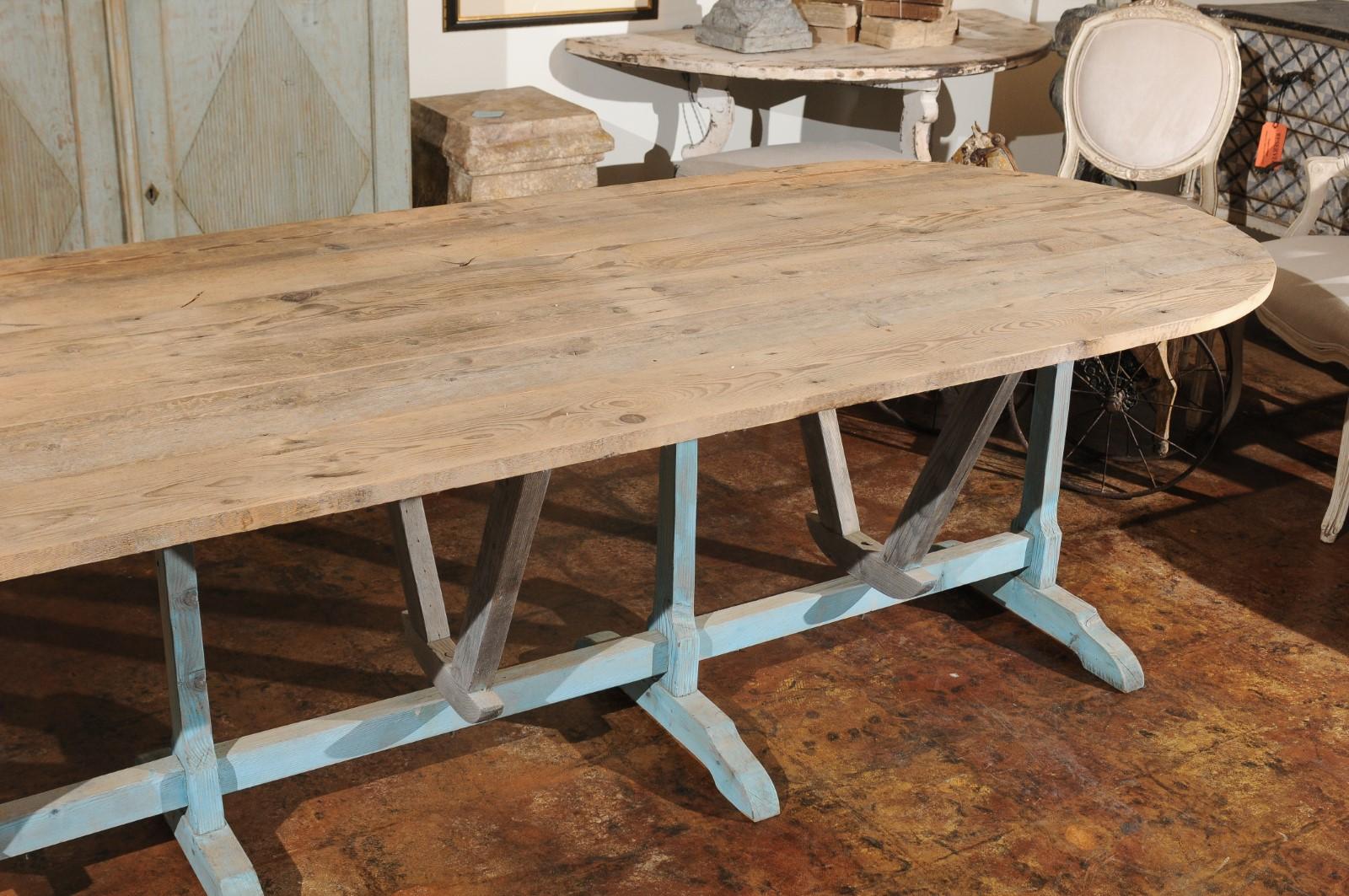 Wood Large French Wine Tasting Table with Oval Tilt-Top and Blue Painted Trestle Base