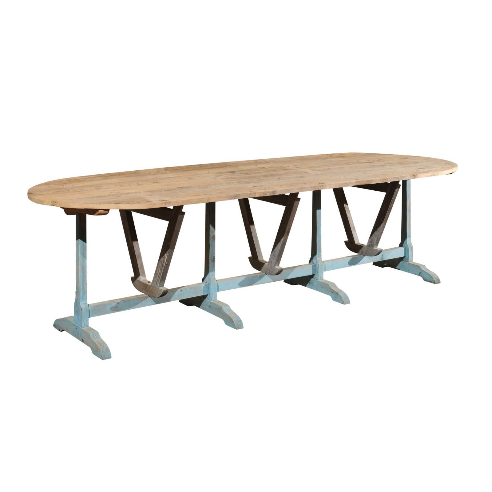 Large French Wine Tasting Table with Oval Tilt-Top and Blue Painted Trestle Base