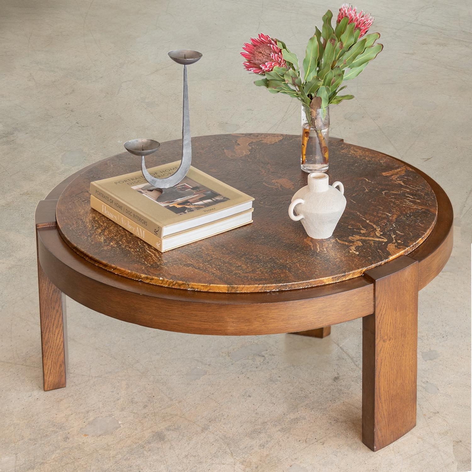 Large French Wood and Stone Coffee Table In Good Condition In Los Angeles, CA