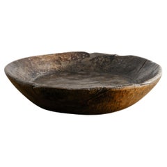 Large French Wooden Antique Wabi Sabi Decorative Bowl in Dark Stained Oak, 1930s