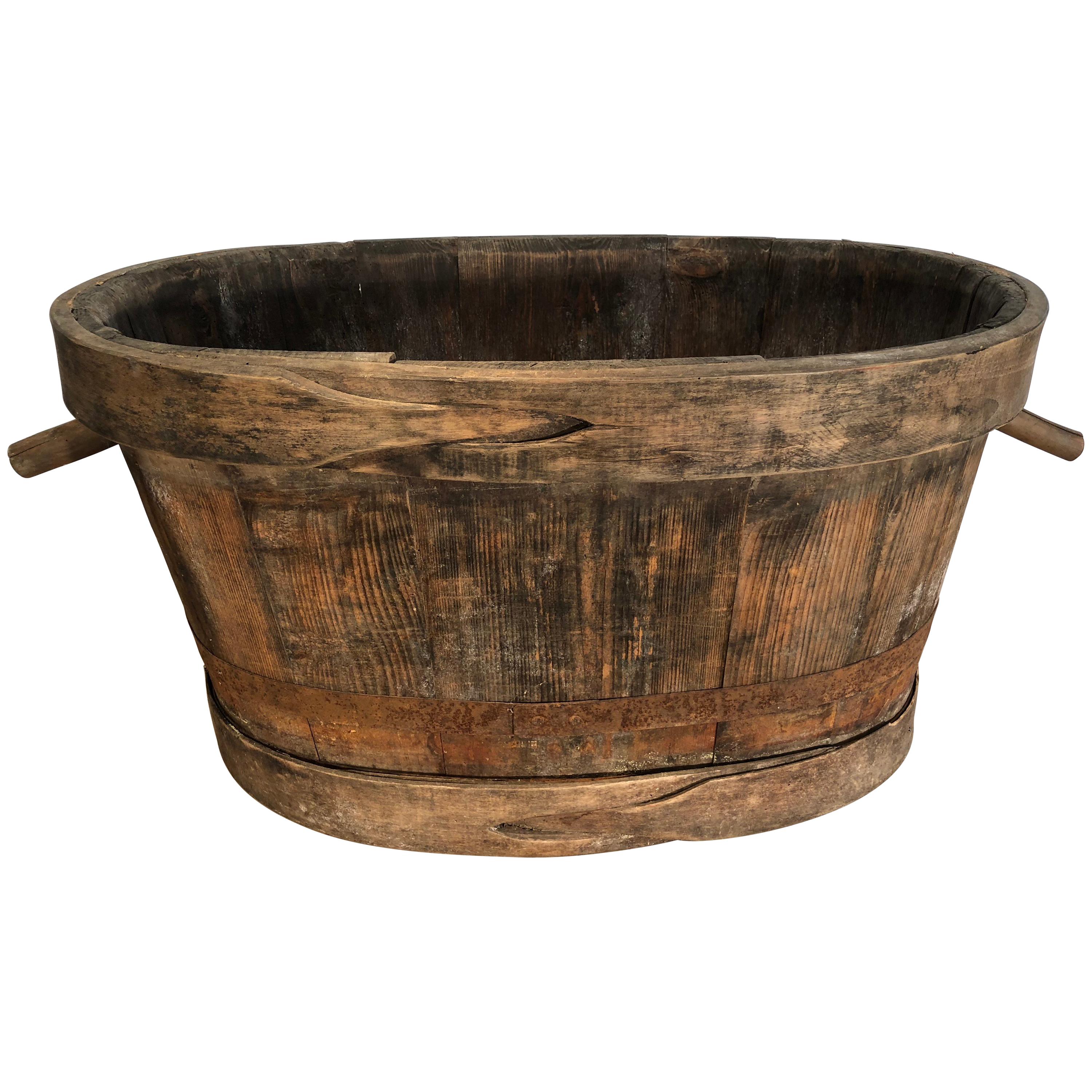 Large French Wooden Vendange Bucket from Burgundy