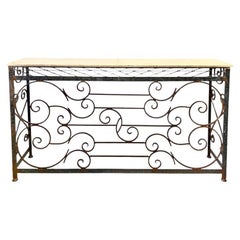 Large French Wrought Iron Console Table with Marble Top