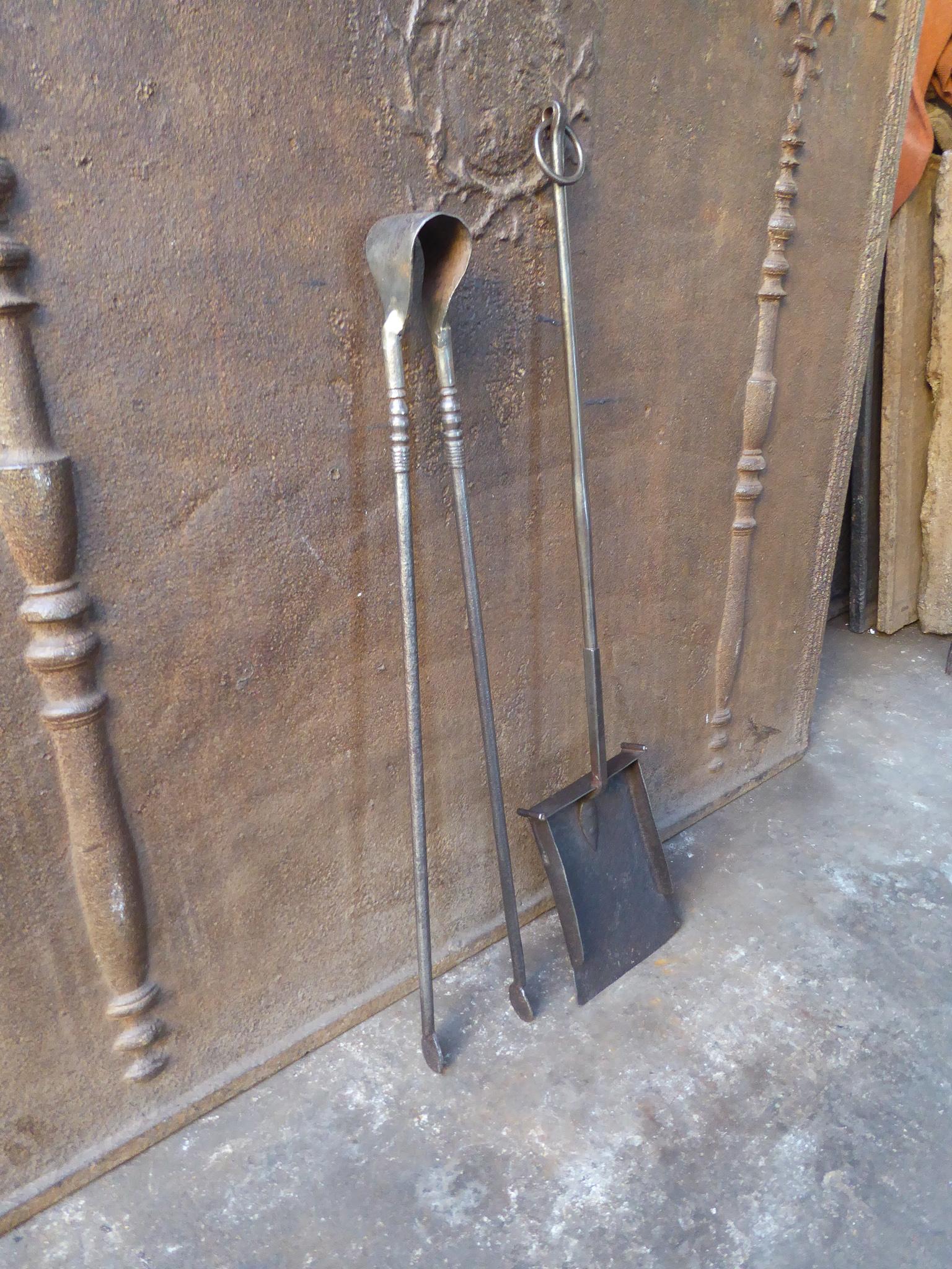Forged Large French Wrought Iron Fireplace Tools or Fire Tools, 17th-18th Century For Sale