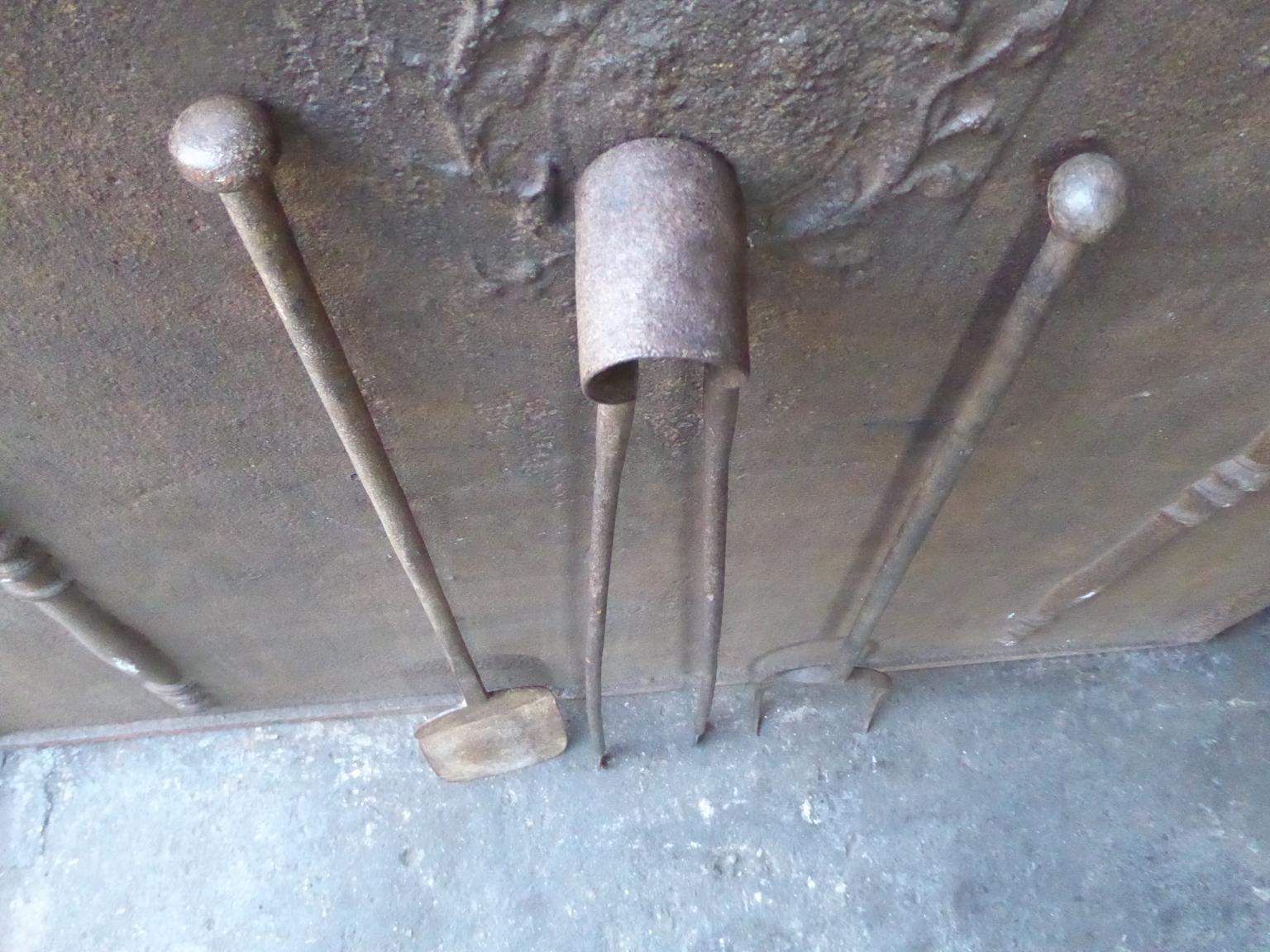 Large French Wrought Iron Fireplace Tools or Fire Tools, 18th Century In Good Condition In Amerongen, NL